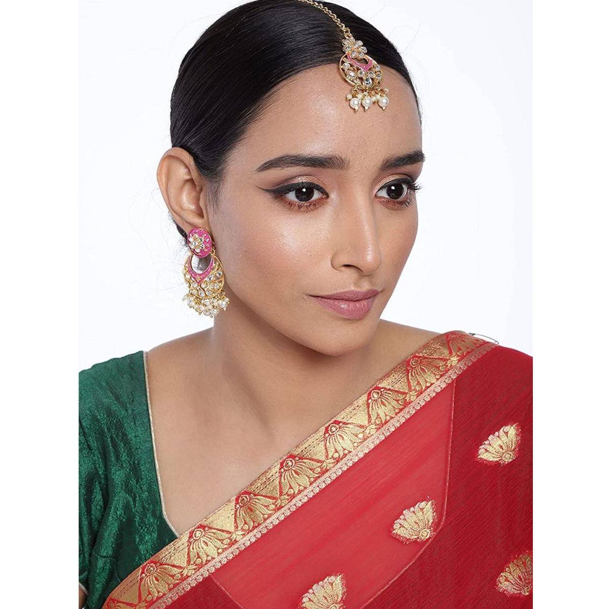 I Jewels Gold Plated Traditional Kundan Pearl with Meena Work Earrings with Maang Tikka (Te291Pi)