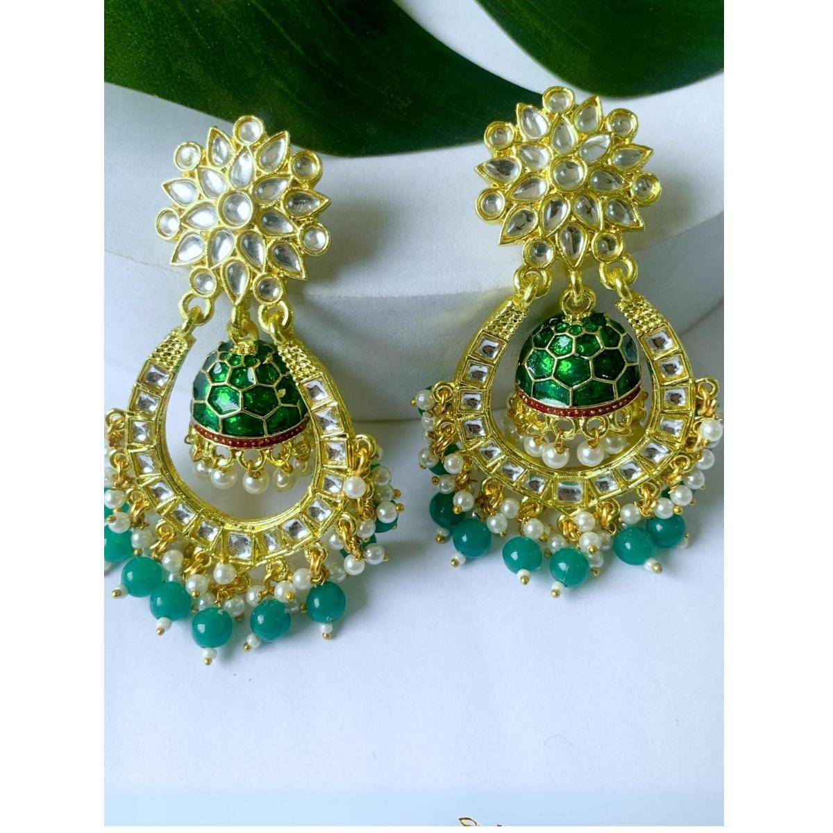 I Jewels Gold Plated Traditional Meenakari Kundan Studded Pearl Dangle Jhumki Earrings