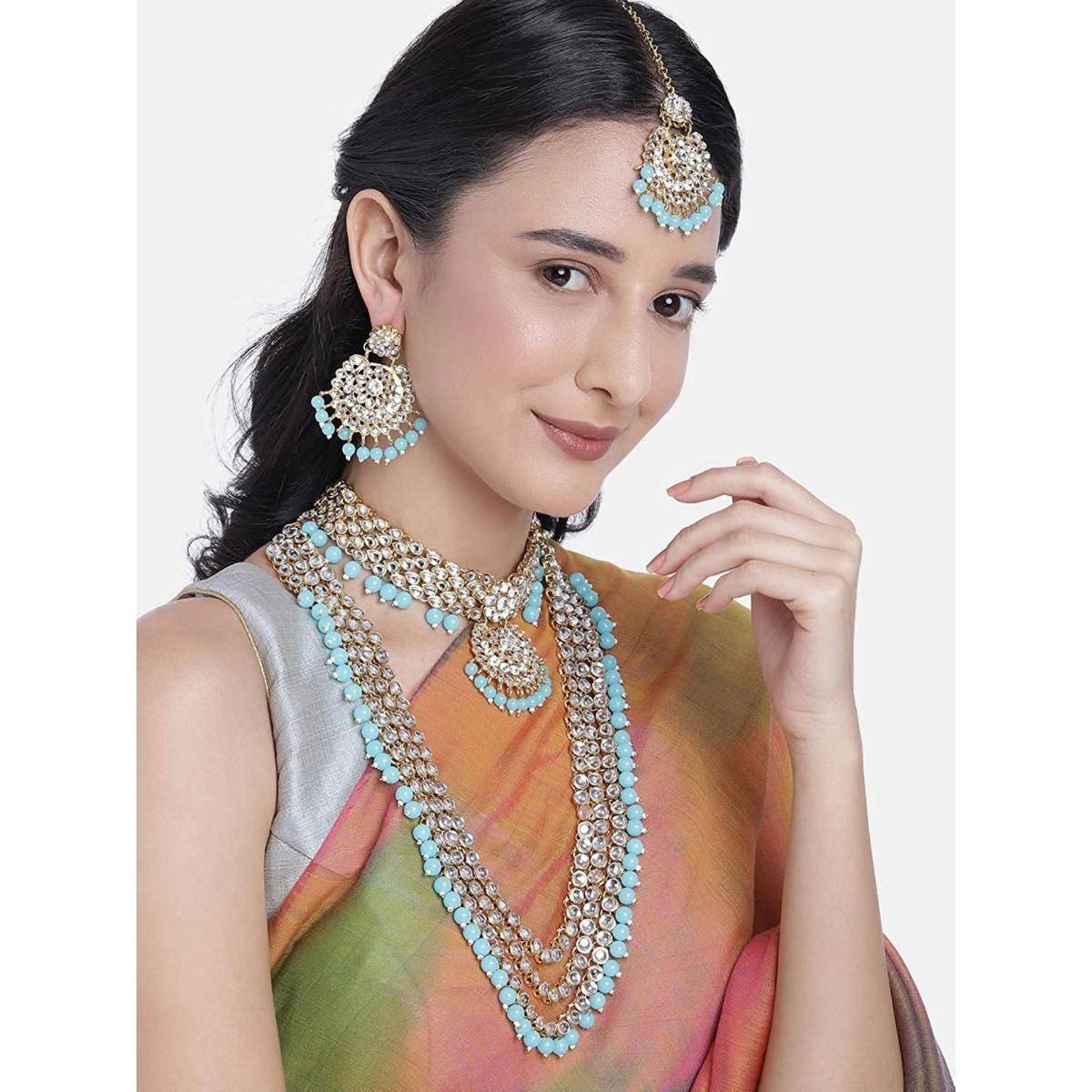 I Jewels Traditional Gold Plated Kundan & Pearl Bridal Choker Necklace Jewellery Set
