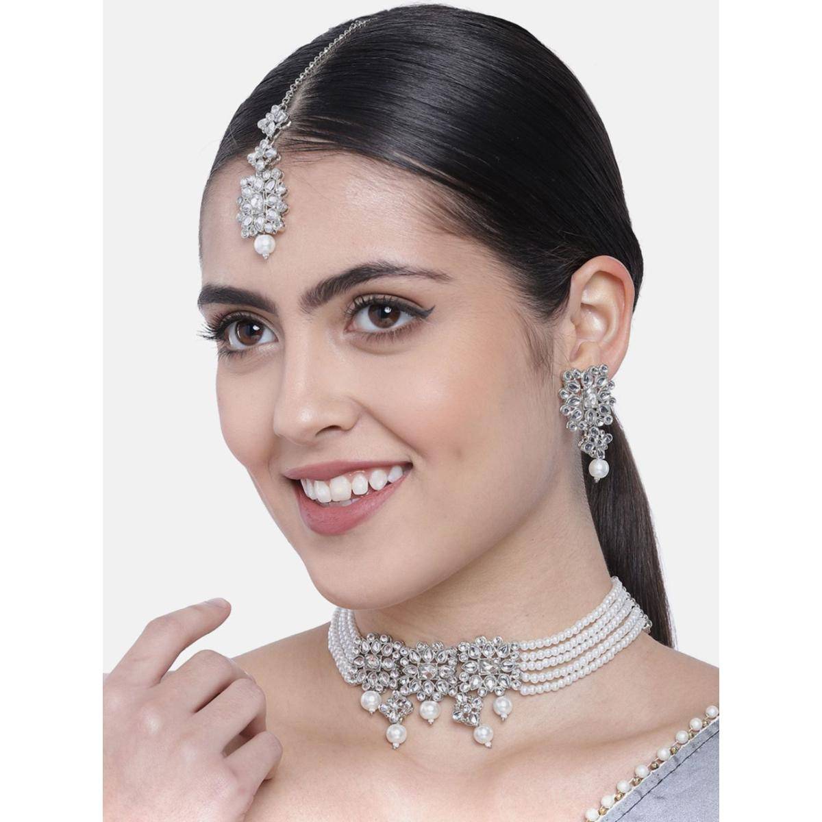 I Jewels Rhodium Plated Pearl & Kundan Choker Necklace Jewellery Set