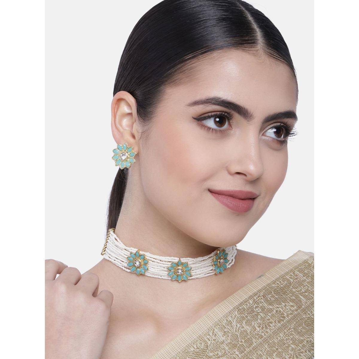 I Jewels Gold Plated Traditional Kundan Pearl Choker Necklace Jewellery Set