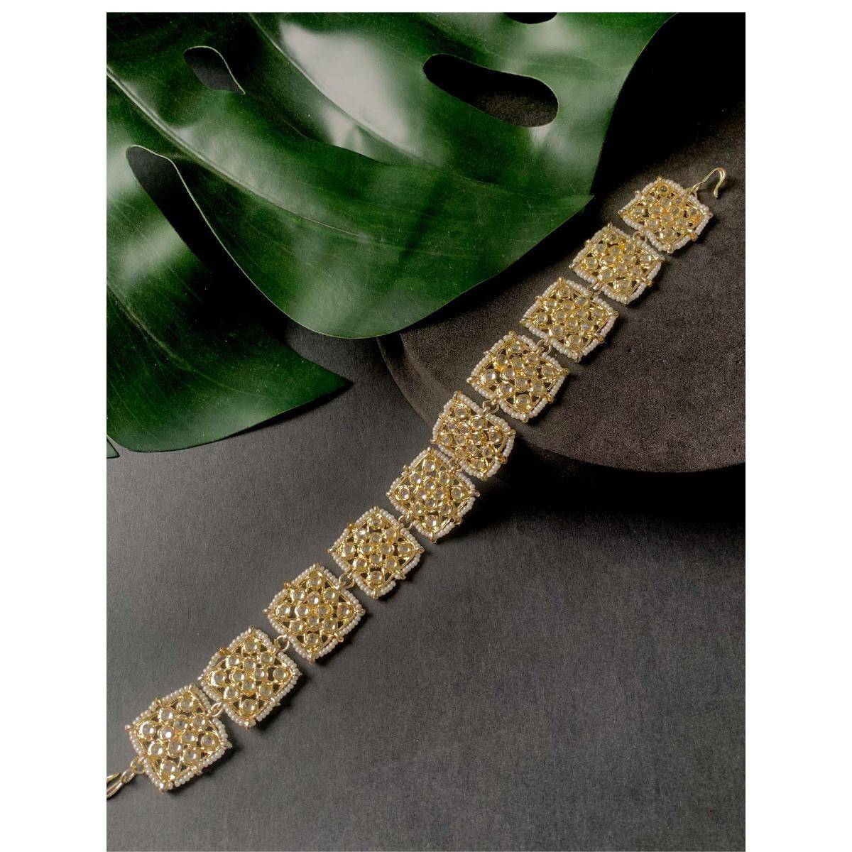 I Jewels Gold Plated Traditional Floral Kundan Pearl Sheeshphool Sheeshpatti