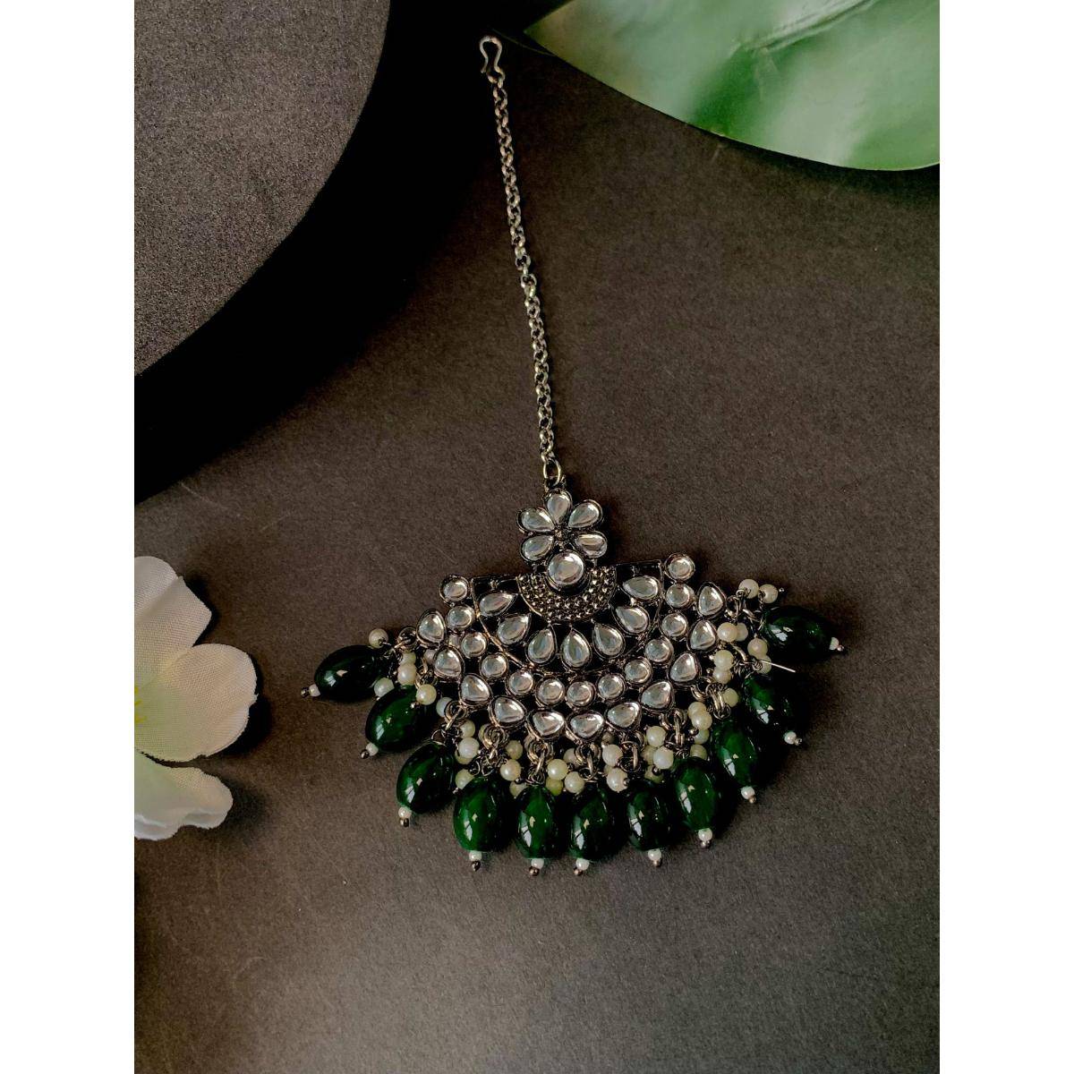 I Jewels Silver Oxidised Traditional Kundan Pearl Maang Tikka