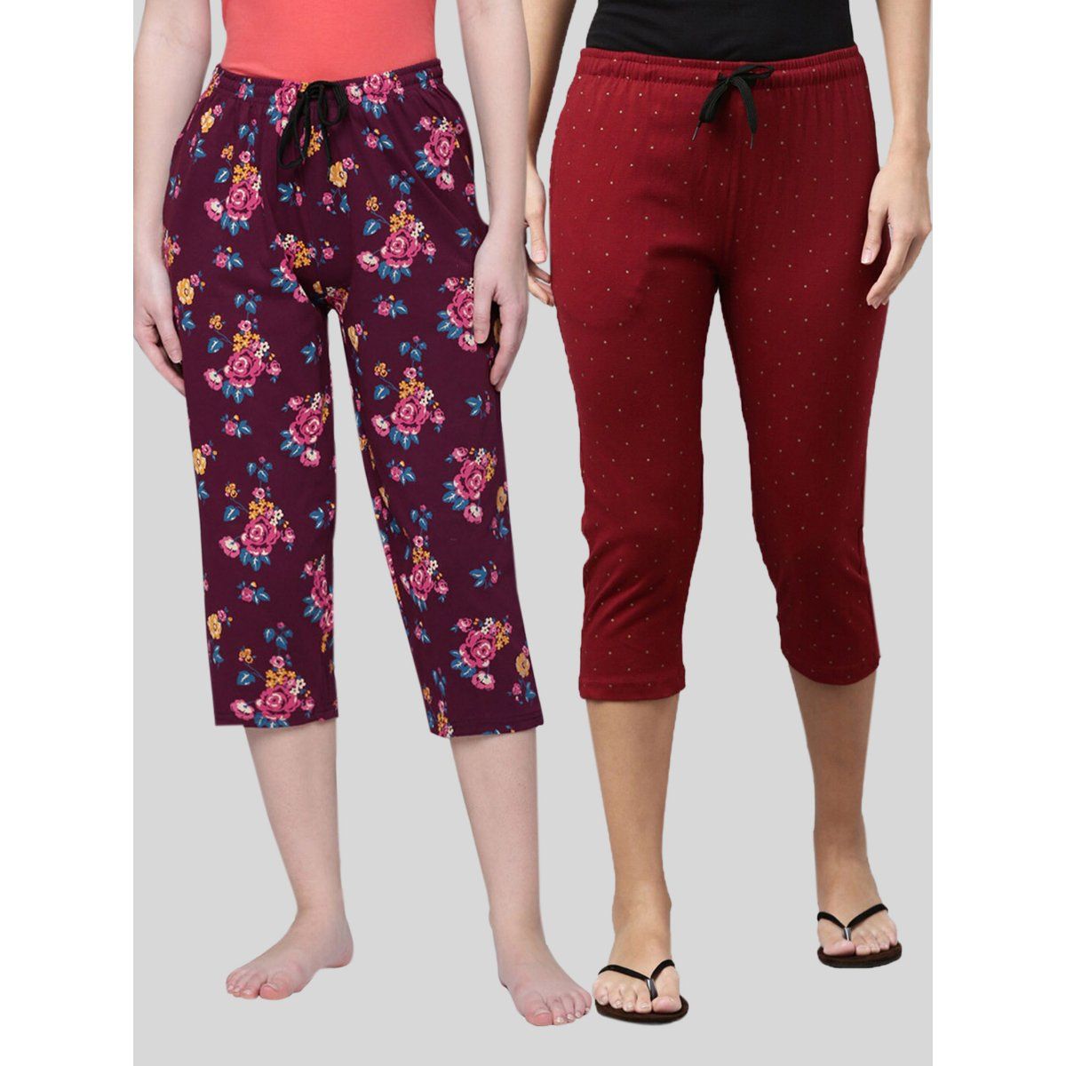 Buy Kryptic Women Maroon & Pink Printed Regular Fit Cotton Capris (Pack of  2) online