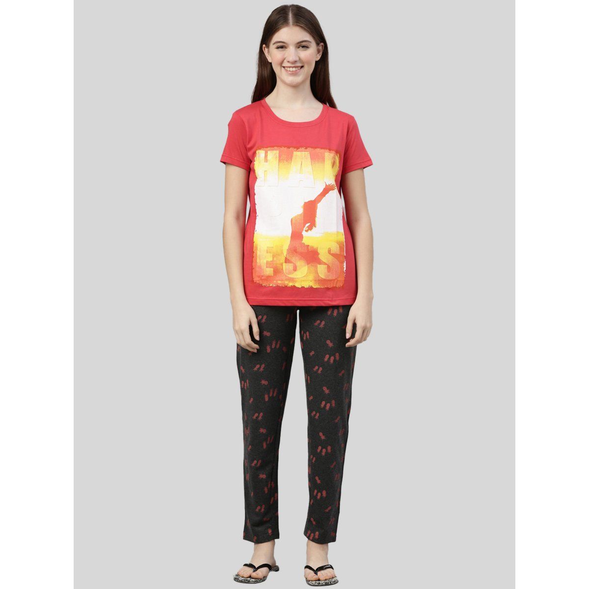 Unisex Red & Black Printed Cotton Night Suit