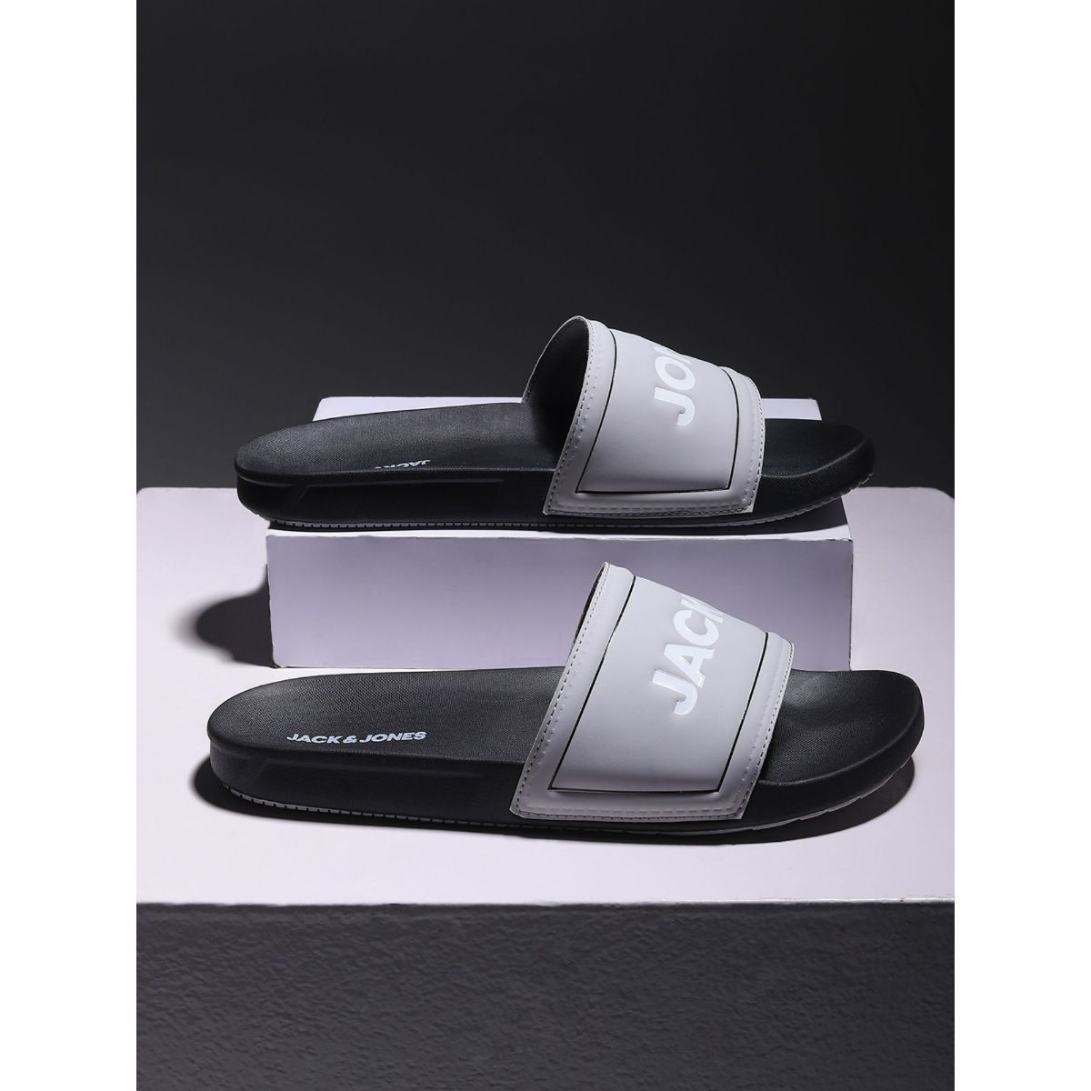 Buy Jack Jones Grey Logo Print Sliders Online