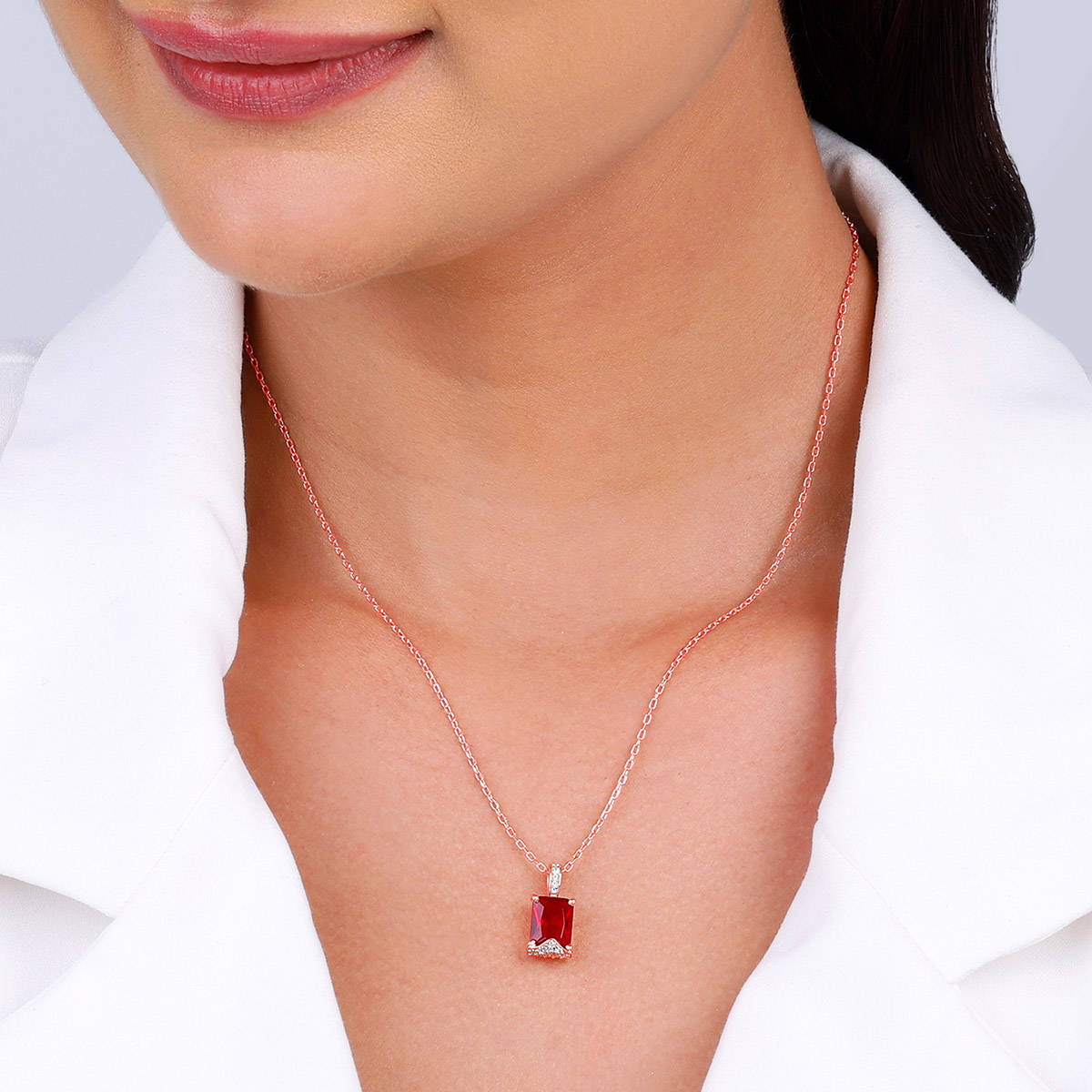 GIVA 925 Silver Rose Gold Red Baguette Pendant with Link Chain