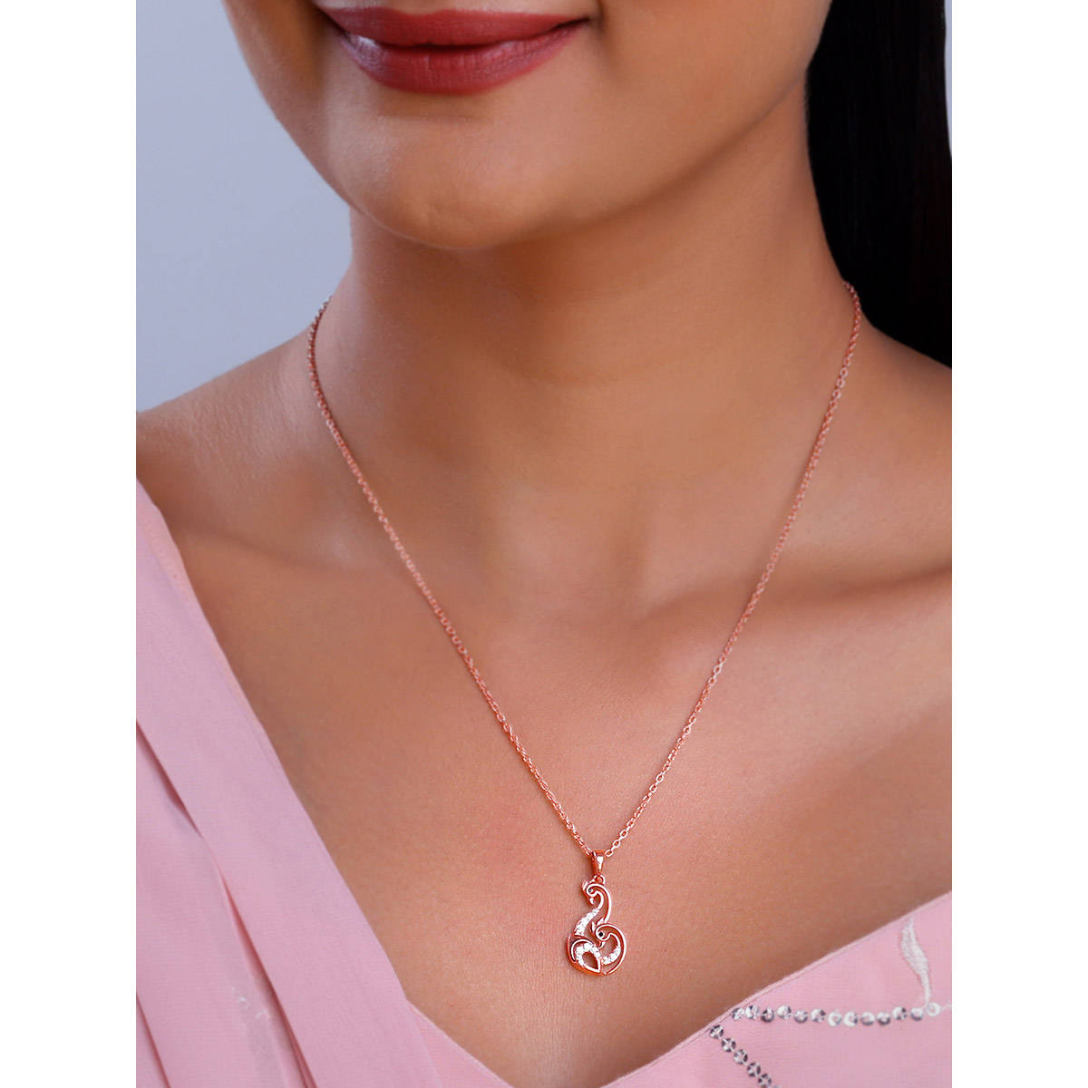 GIVA 925 Silver Rose Gold Mridul Mor Pendant with Link Chain