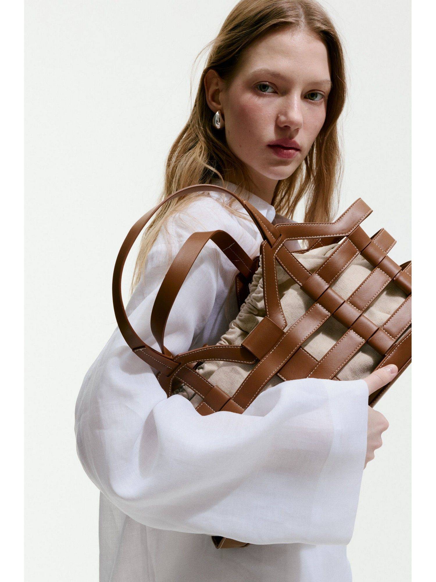 H&M Women Brown Large drawstring-detail tote bag