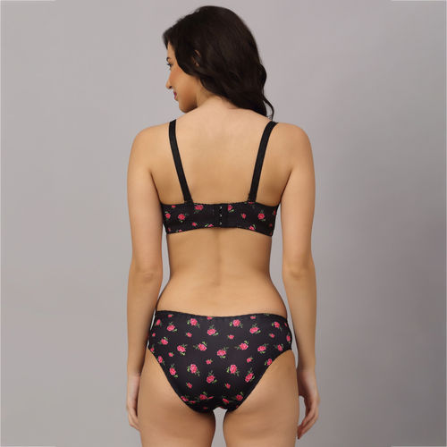 Buy PrettyCat Black Floral Polycotton Bra & Panty Set For Women