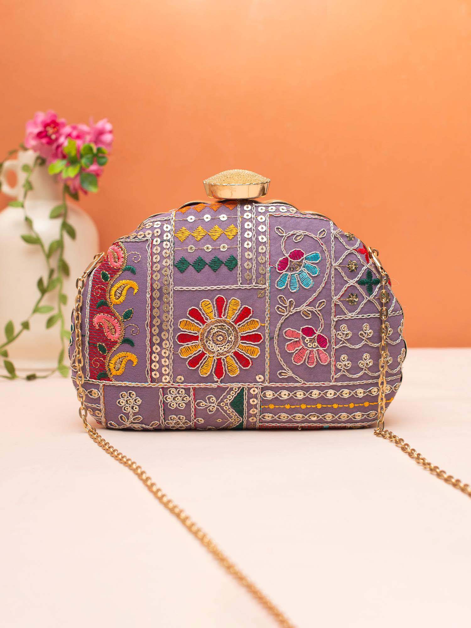 ARTKLIM Purple Embroidered Fabric Clutch with Detachable Chain Strap