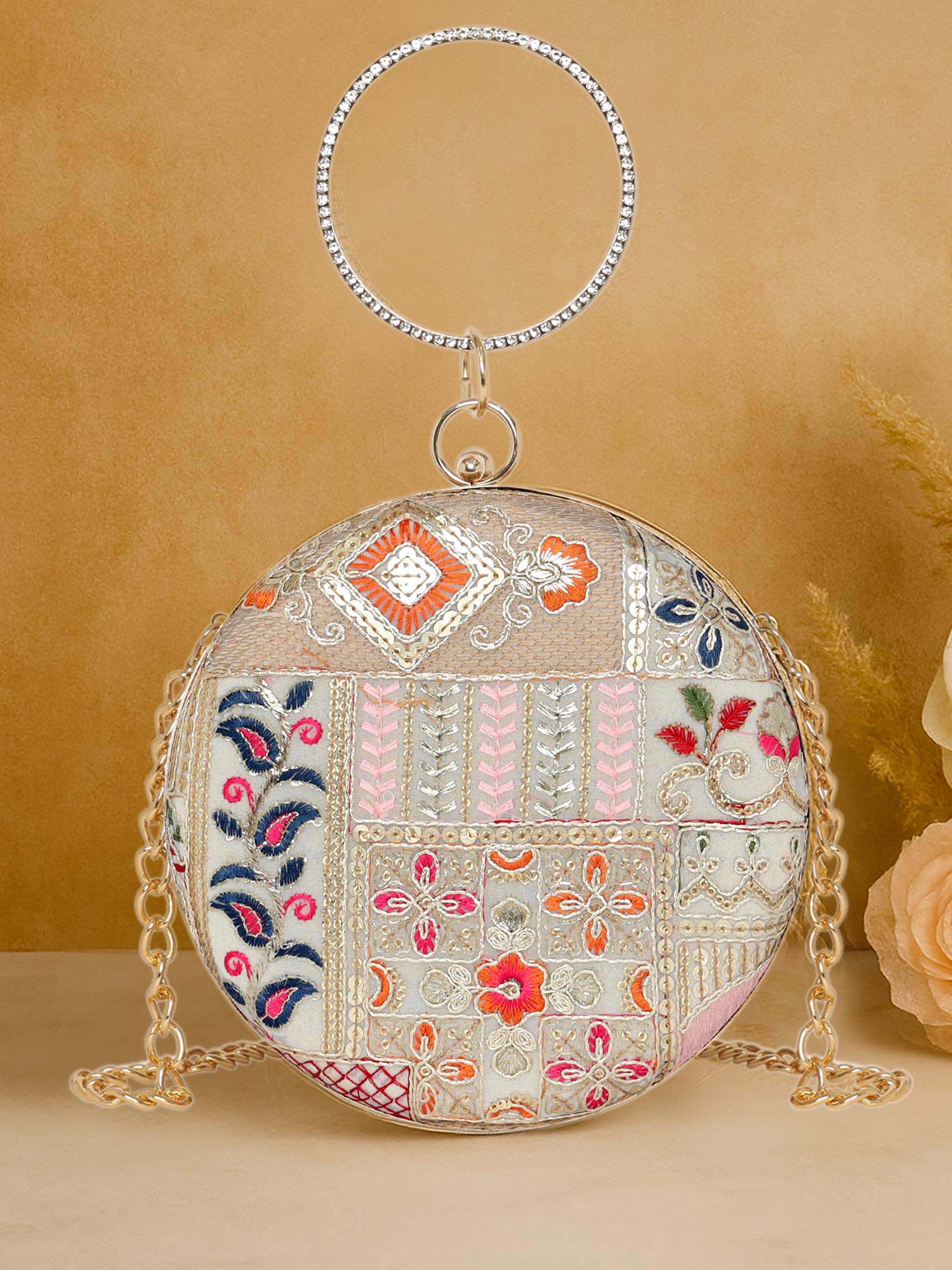 ESBEDA Multi-Color Embroidered Fabric Clutch with Detachable Chain Strap