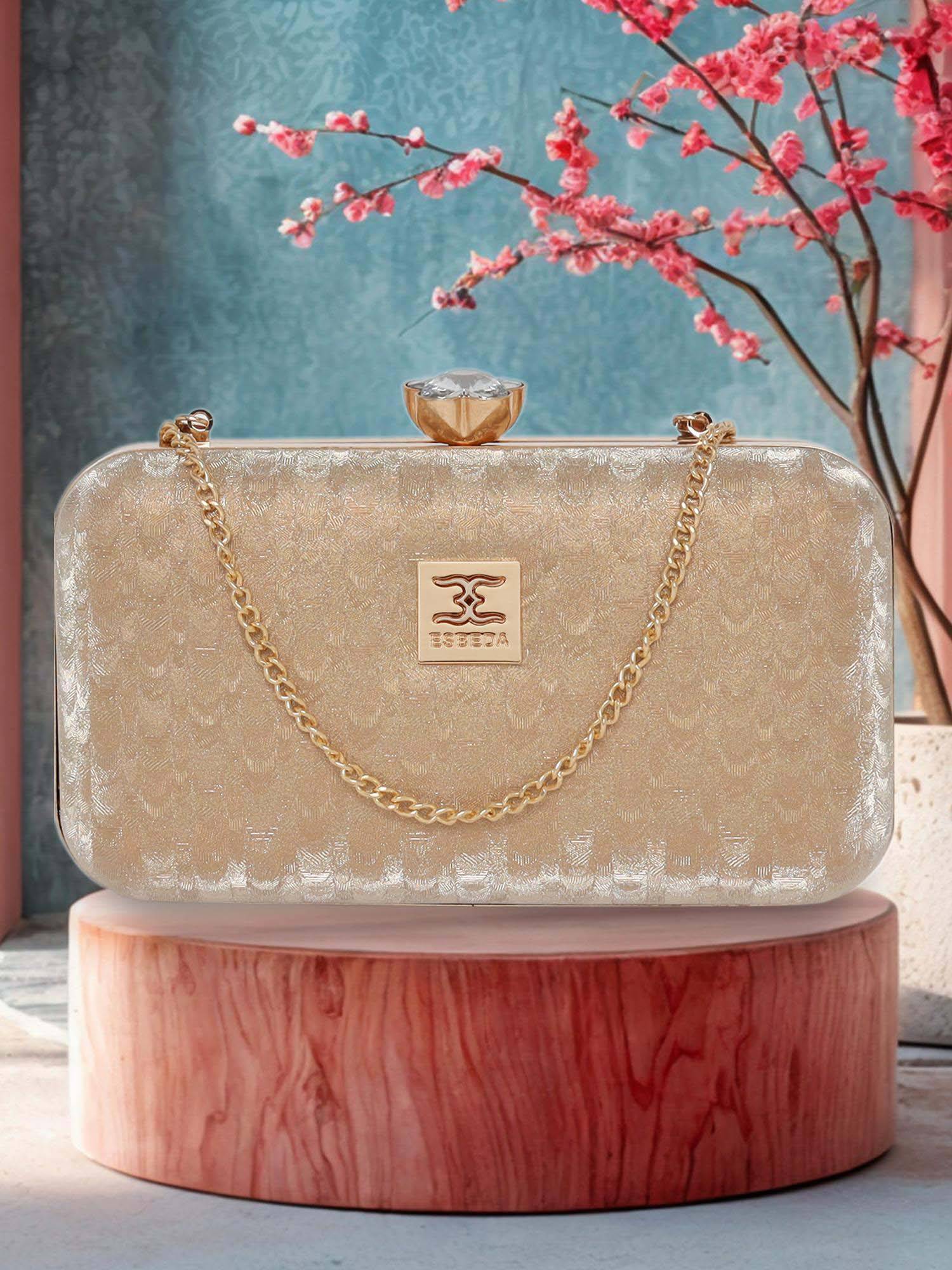 ESBEDA Gold Solid PU Clutch with Detachable Chain Strap