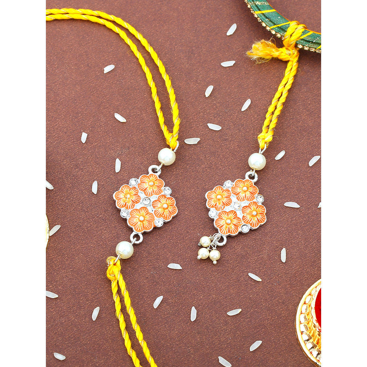 Estele Rhodium Plated Floral Design Bhaiya Bhabhi Rakhi with Fancy Silk Thread