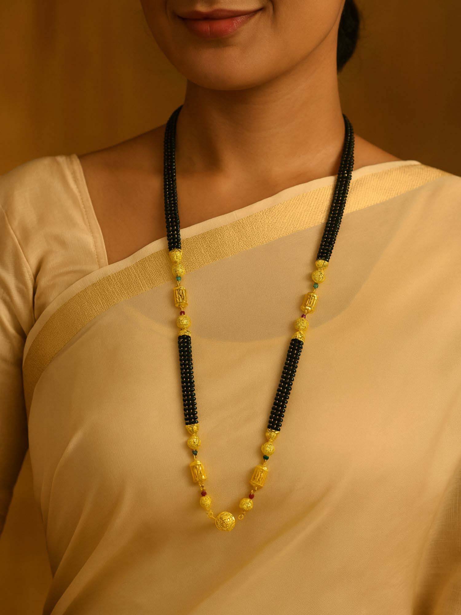 Digital Dress Room Gold Plated Long Mangalsutra Designs Double Line Black Beads and Filigree Accents