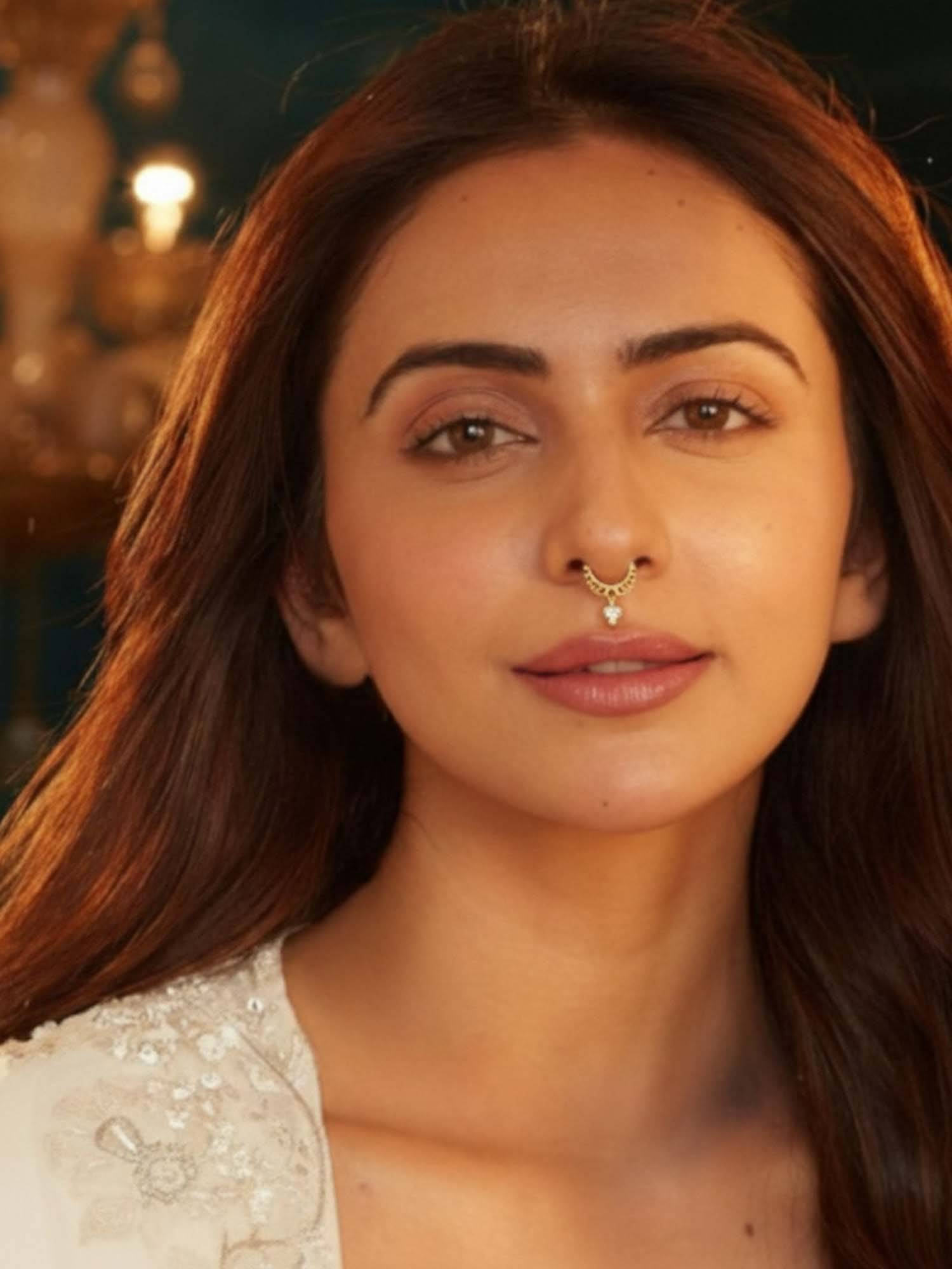 Accessher Traditional Gold Floral Clip-On Septum Adjustable Nose Ring with White Drop