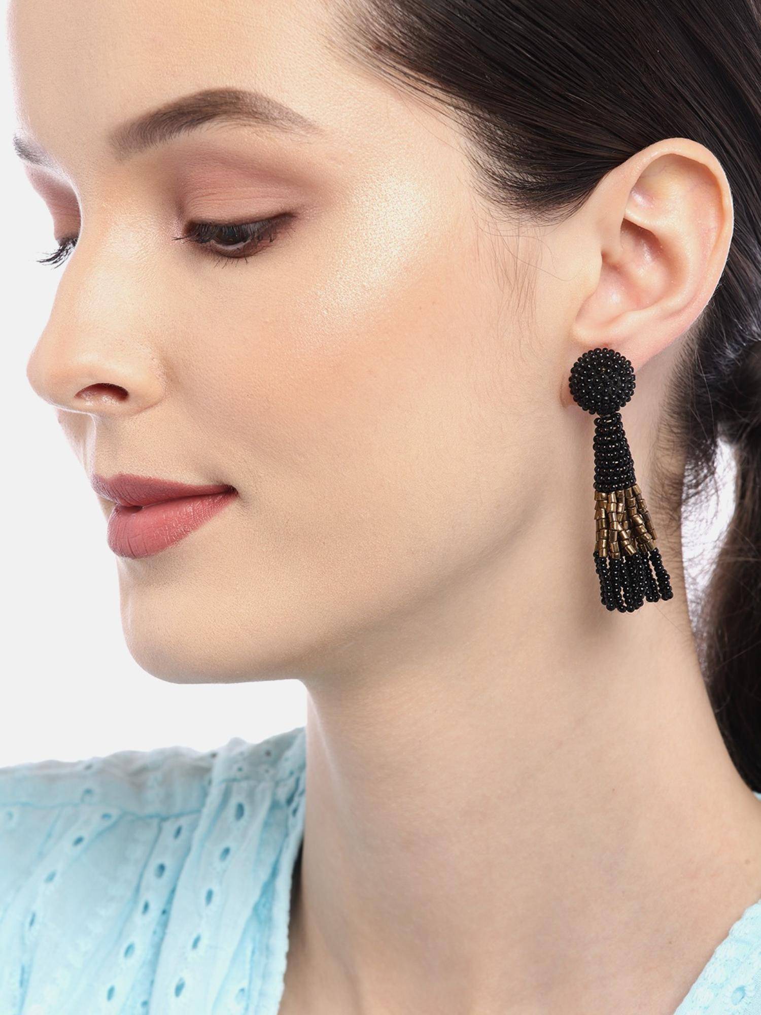 RICHEERA Black and Gold-Toned Contemporary Drop Earrings