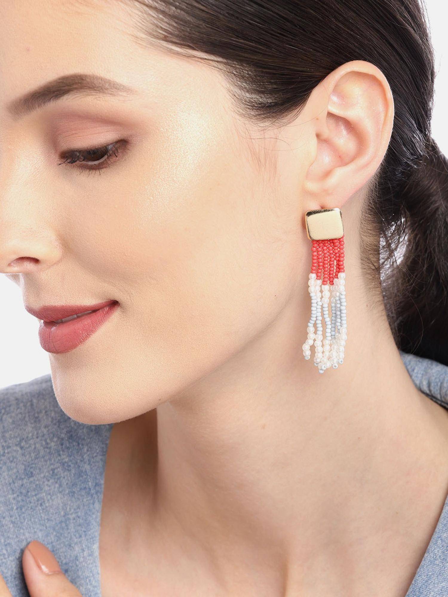 RICHEERA Gold-Toned and Coral Contemporary Drop Earrings