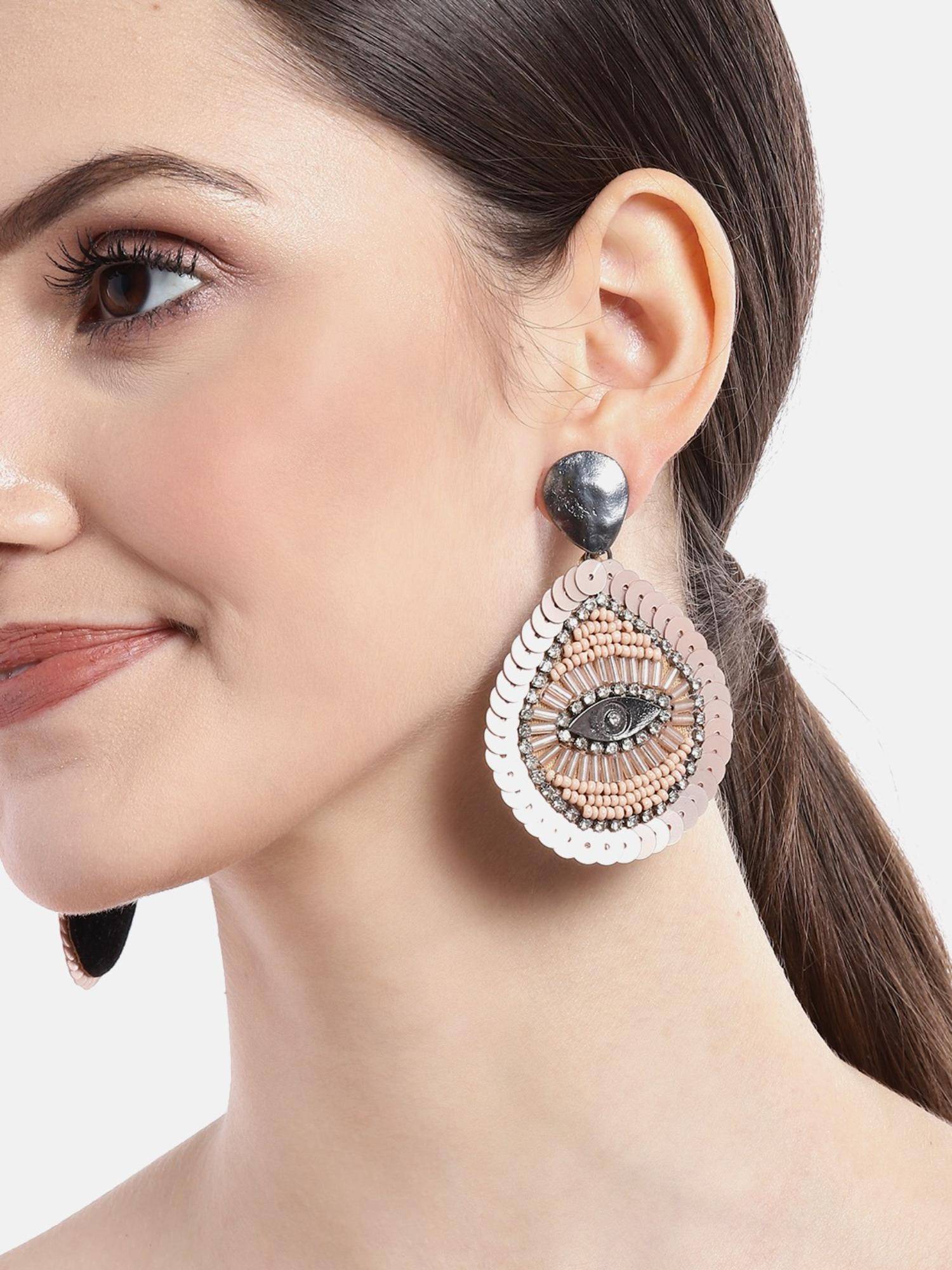 RICHEERA Peach-Coloured and Silver-Toned Teardrop Shaped Drop Earrings