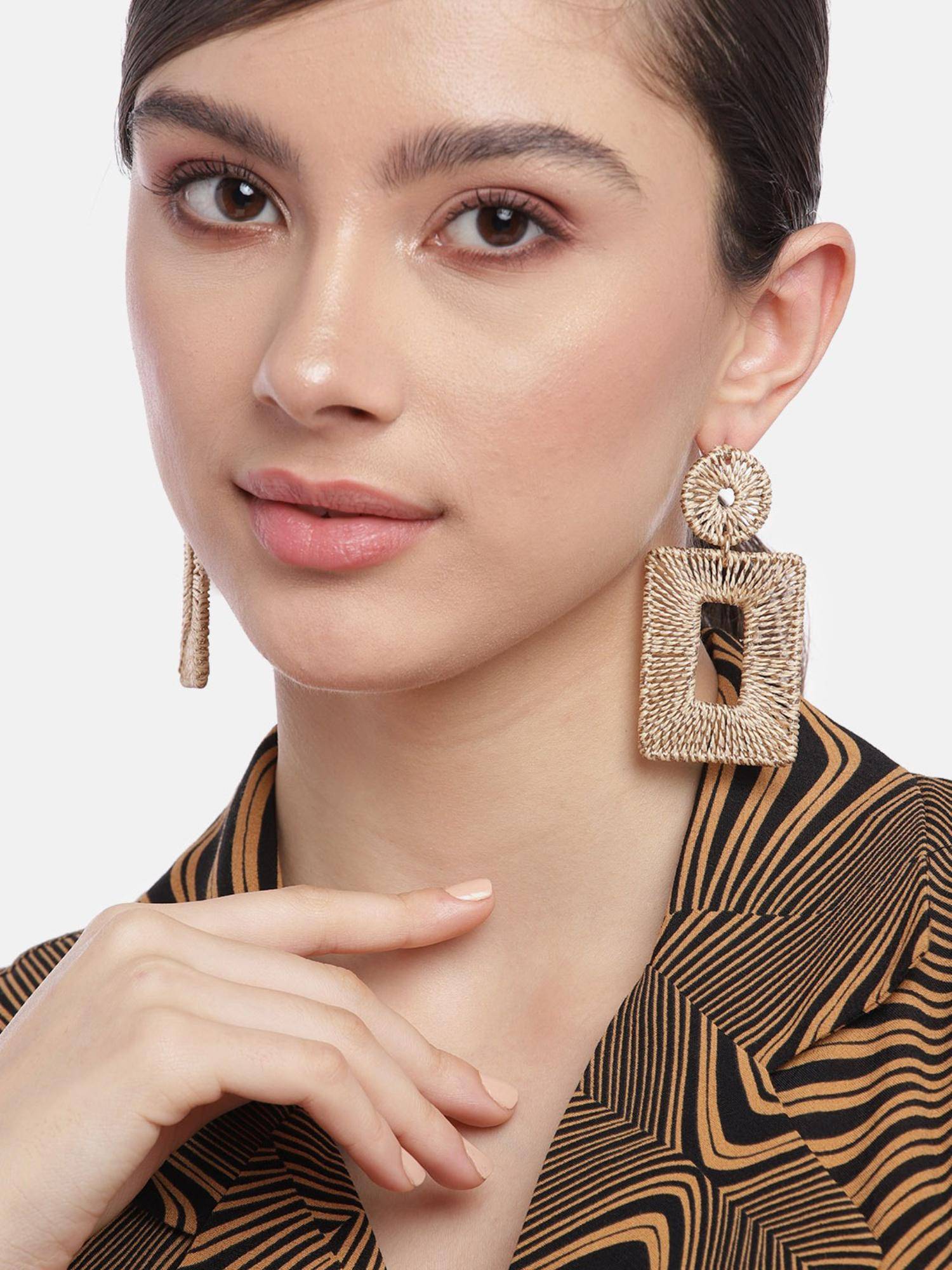 RICHEERA Beige Square Thread Work Drop Earrings