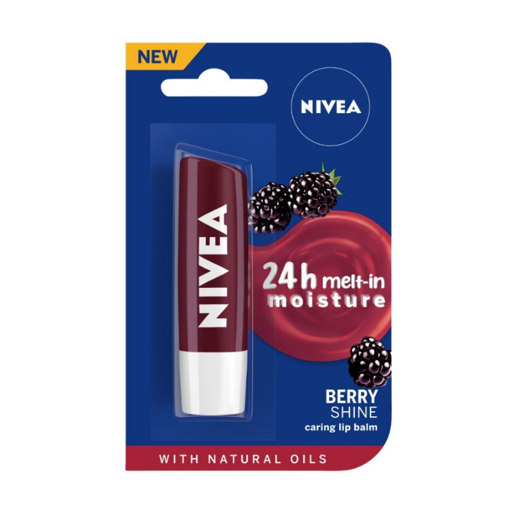 NIVEA Lip Balm, Blackberry Shine, 24h Moisture with Natural Oils, Ruby Red Shine & Berry Aroma