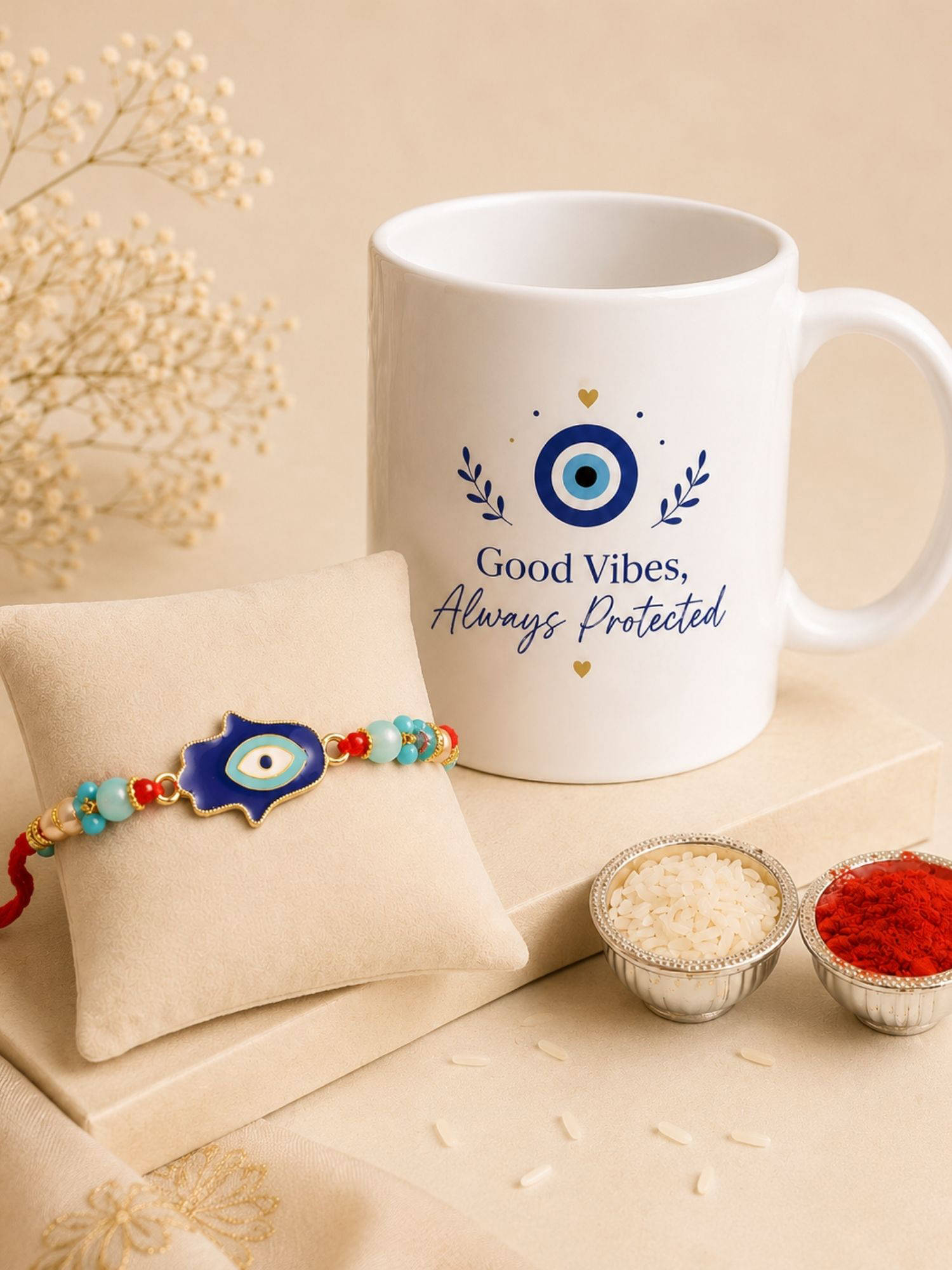 VIRAASI Evil Eye Rakhi with Mug & Greeting Card Gift Set