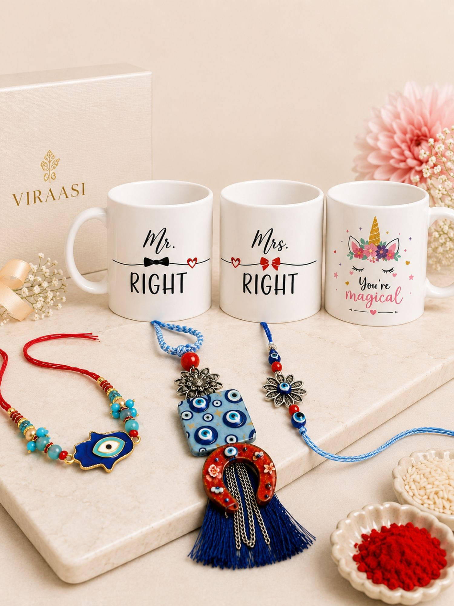 VIRAASI Blue Couple & Kids Rakhi Set with 3 Matching Mugs