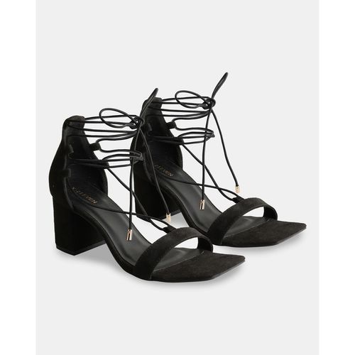 Black Suede Lace Lace Up Black Heel Sandal Buy Suede Open Toe