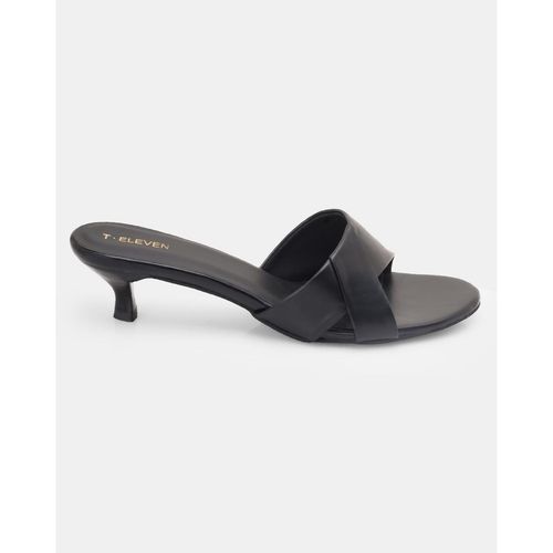 Women Slip-On Kitten Heeled Sandals-Black (EURO 38)