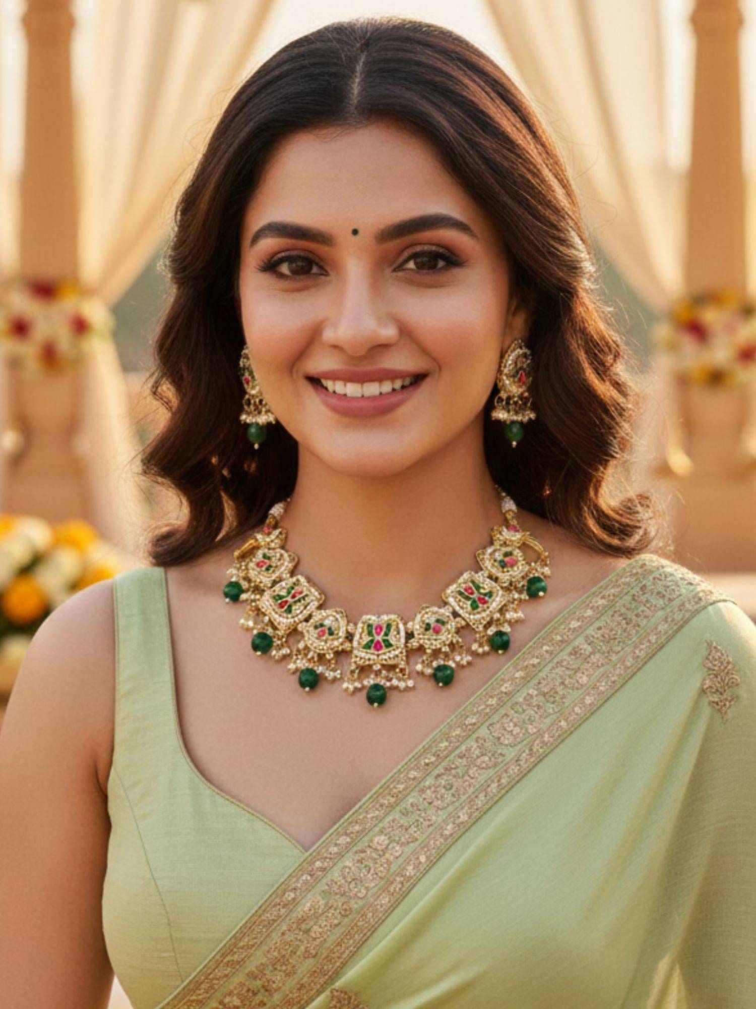 Karatcart Stunning Floral Design Gold-Plated Green Beads Necklace Set for Women