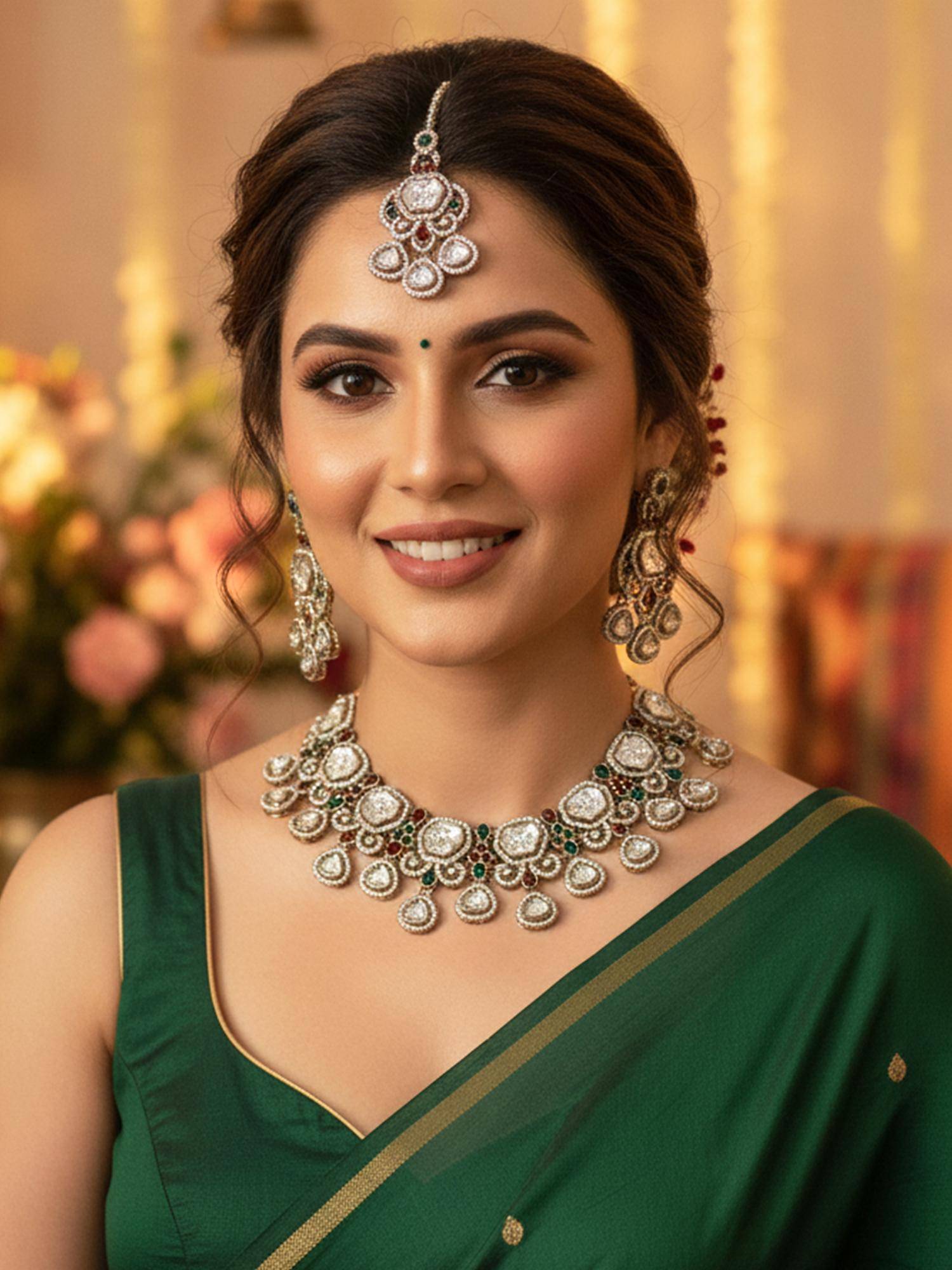 Karatcart Traditional Red and Green Teardrop Kundan Antique Gold-Plated Jewellery Set for Women
