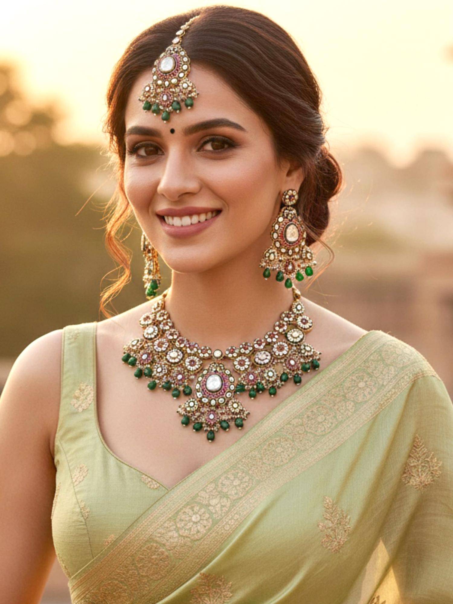 Karatcart Traditional Gold-Plated Red and Green Kundan Bridal Jewellery Set for Women