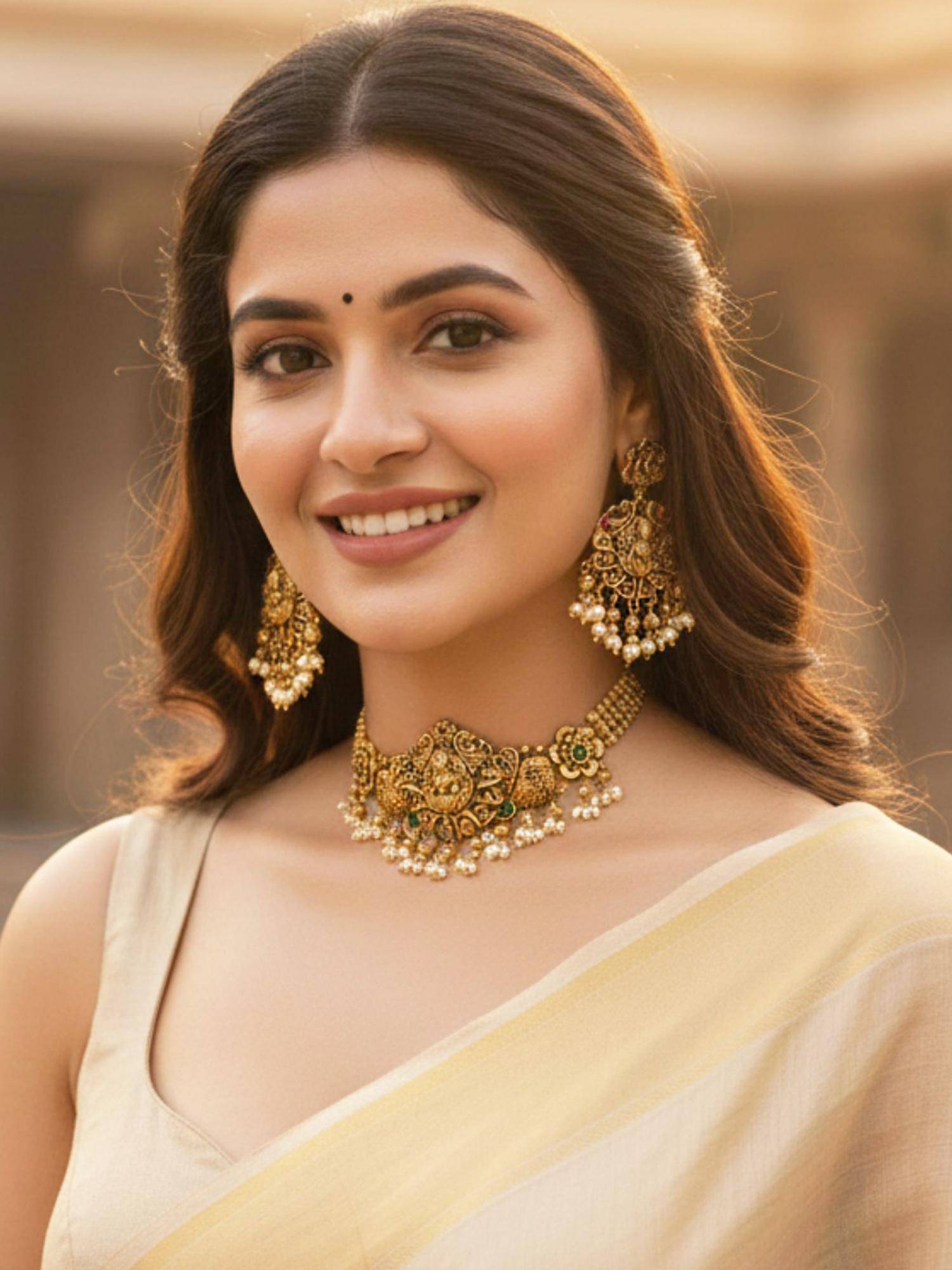 Karatcart Traditional Lakshmi Temple Design Gold-Plated Pearl Drop Choker Jewellery Set