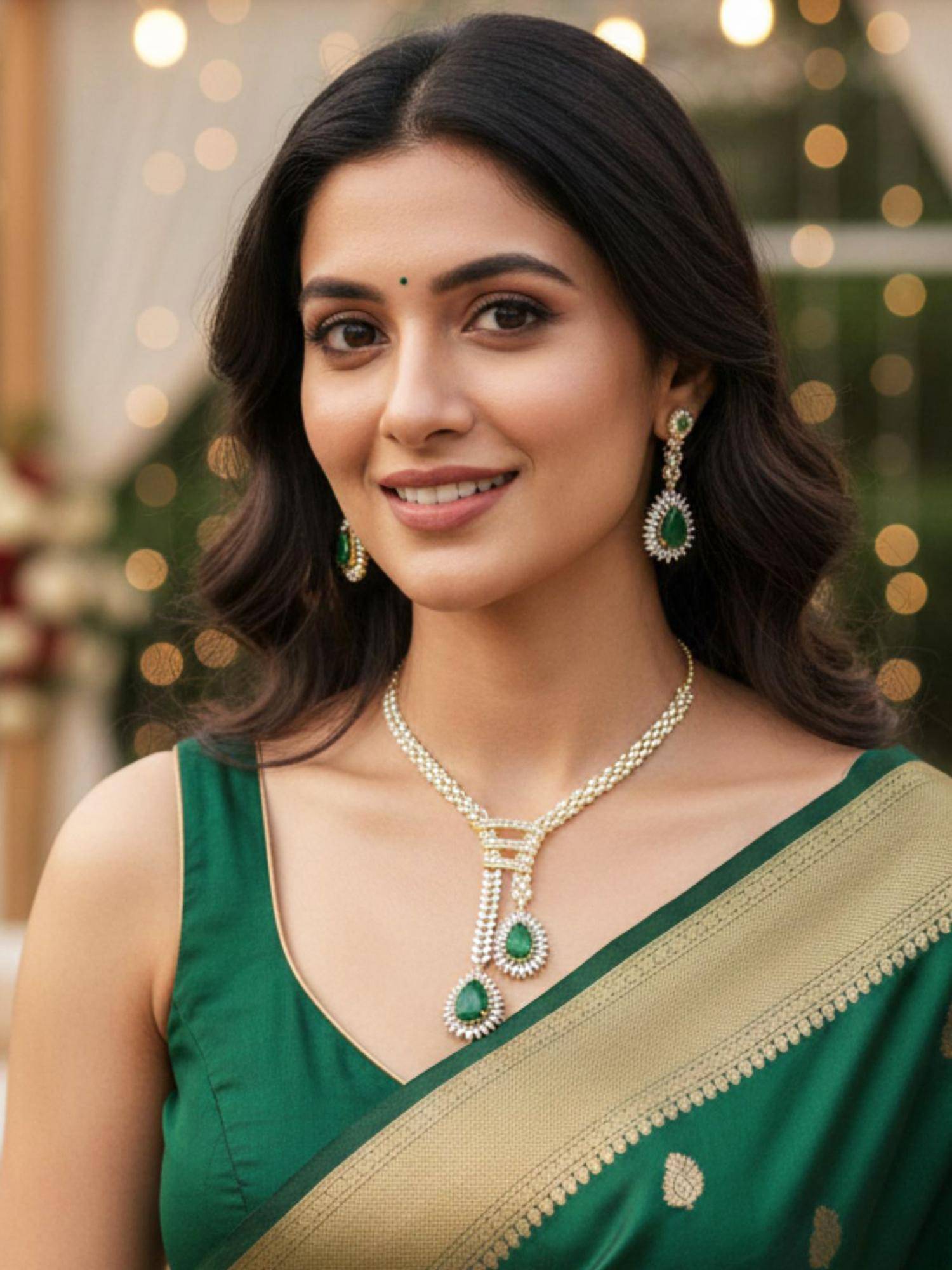 Karatcart Stylish Green Teardrop American Diamond Gold-Plated Jewellery Set for Women