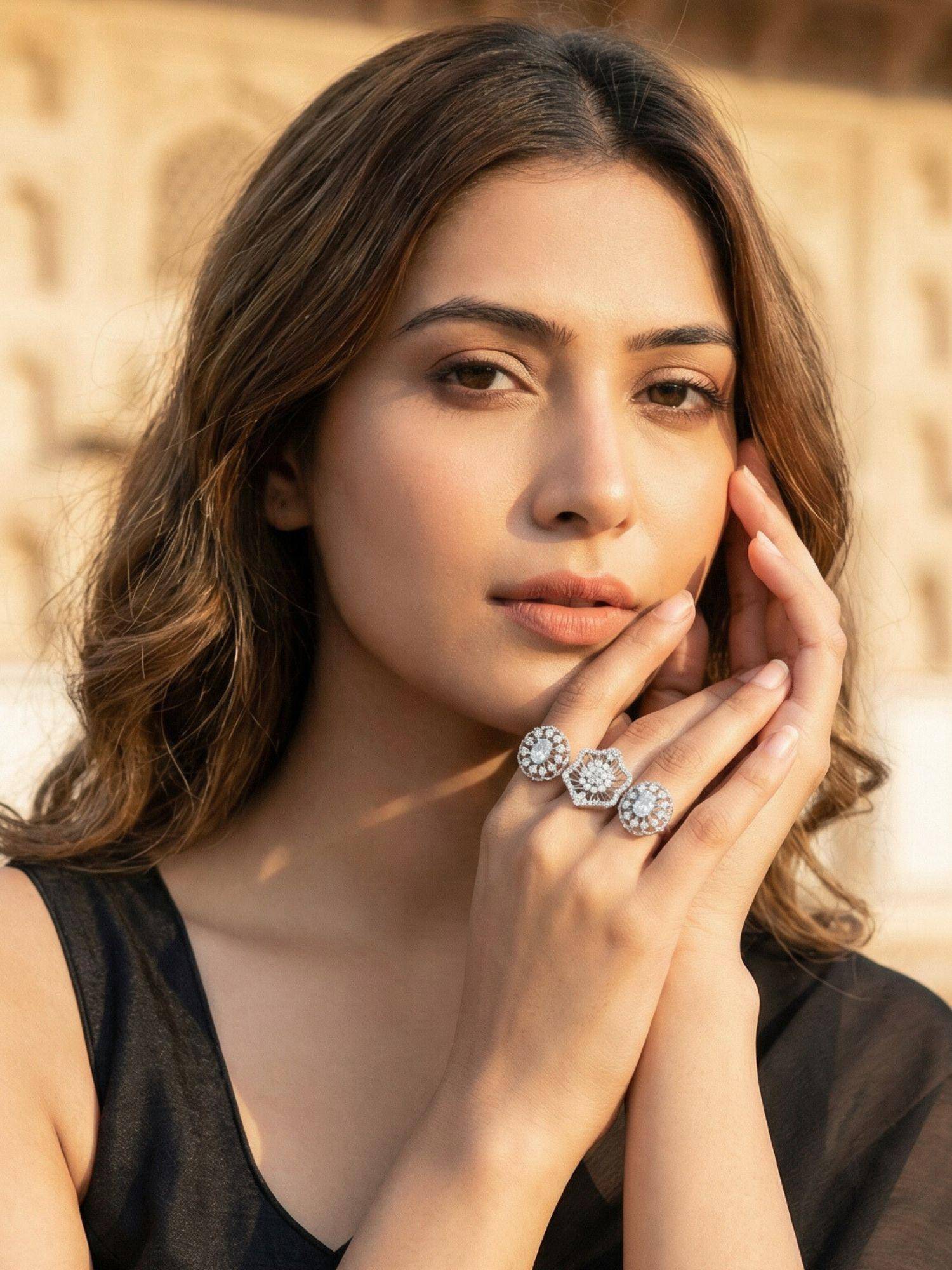 Karatcart Silver Plated Triple Floral American Diamond Adjustable Cocktail Ring for Women