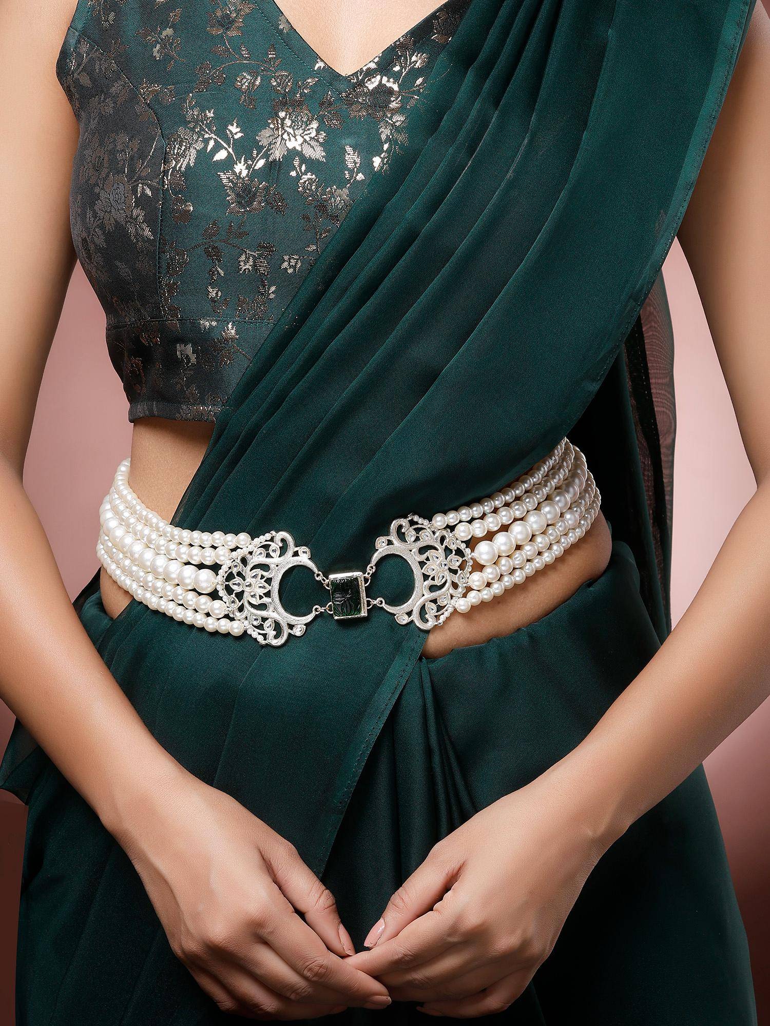 Karatcart Traditional Gold Plated Green Carved Stone Pearl Beaded Kamarbandh for Women