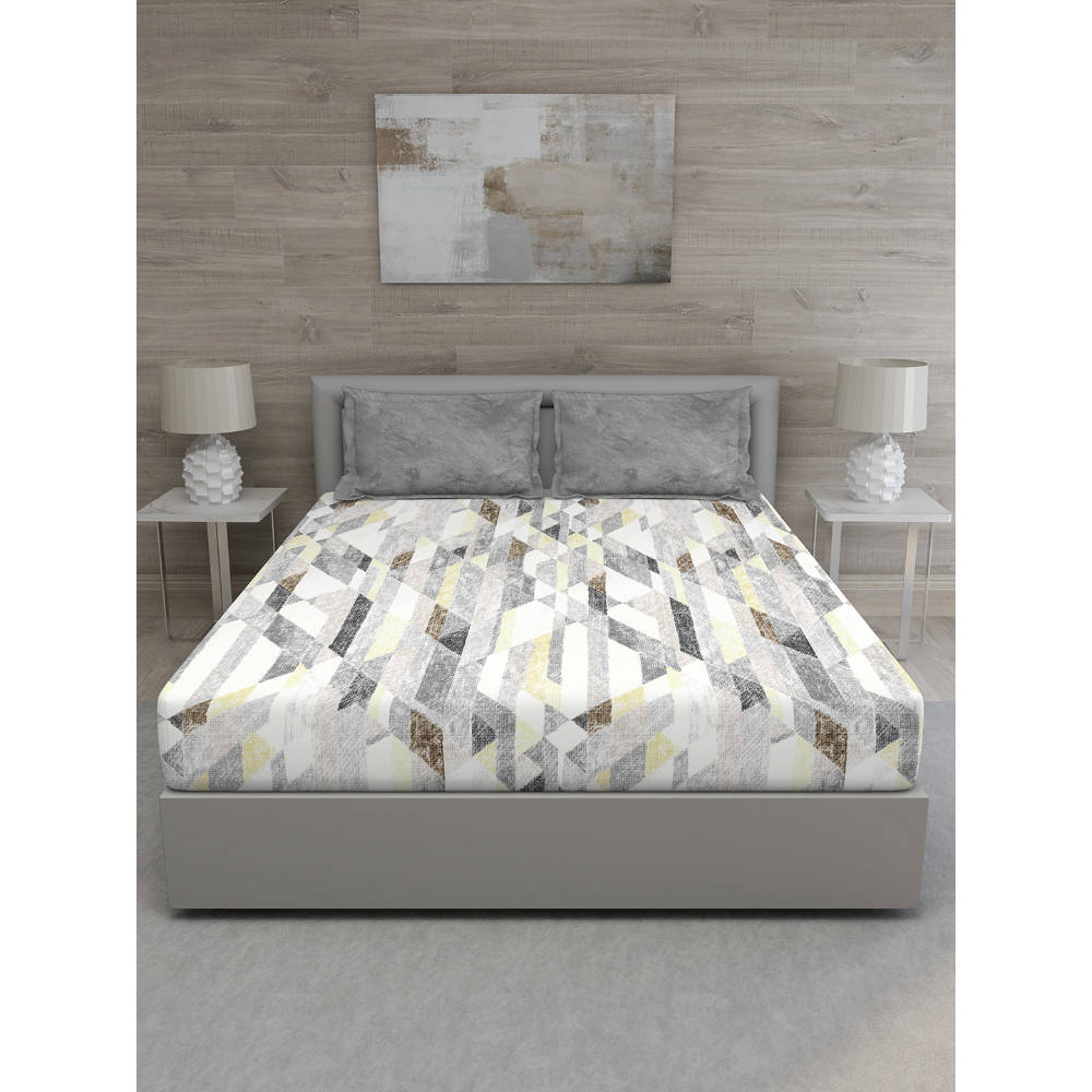 GM Grey Geometric 150 TC Cotton Queen Bedsheet with 2 Pillow Covers