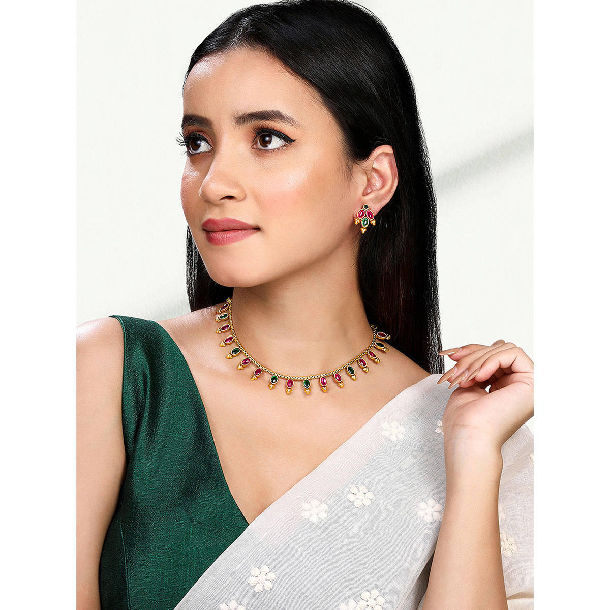 Peora Gold Plated Multi Synthetic Stone Studded Jewellery Set