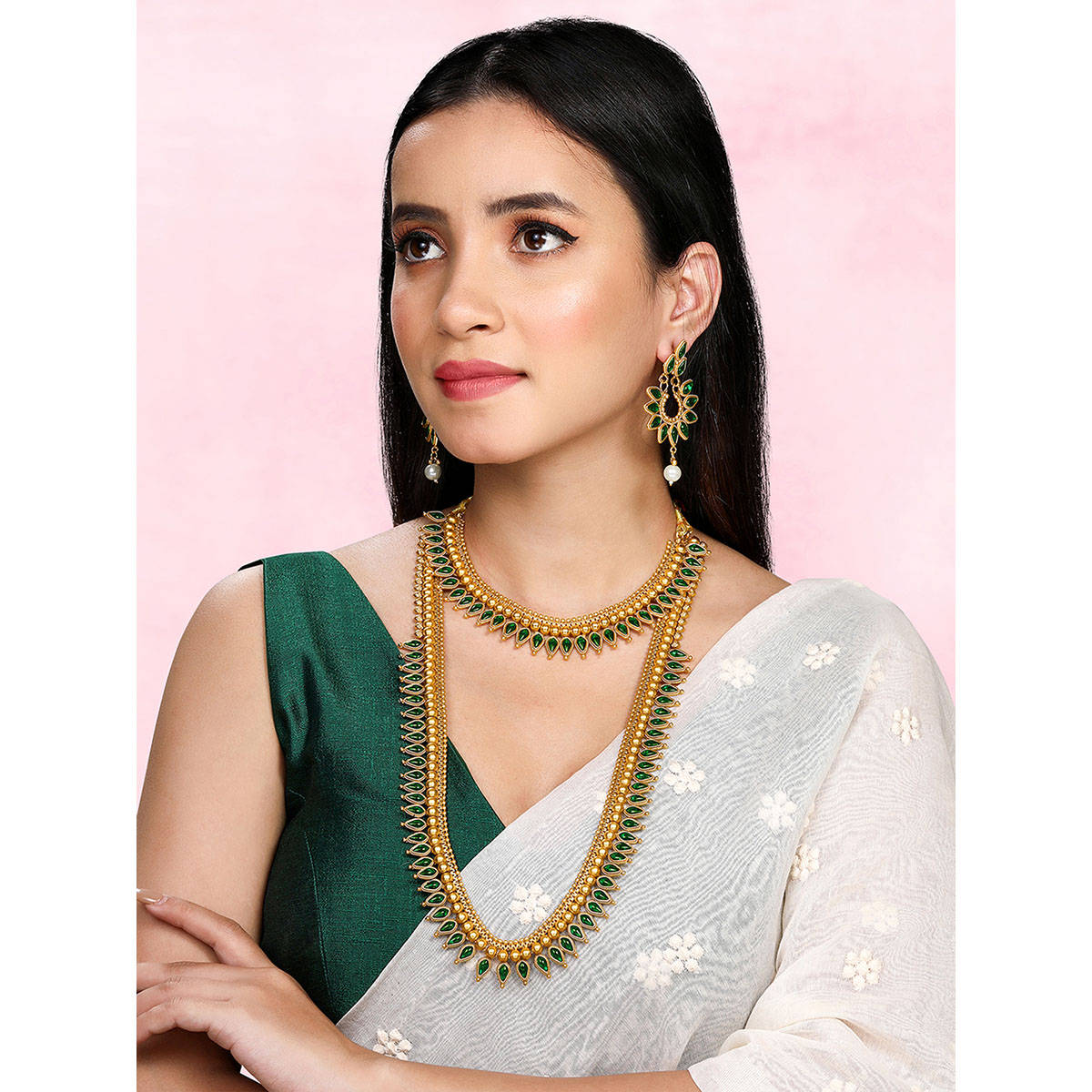 Peora Green Synthetic Stone Gold Plated Jewellery Set