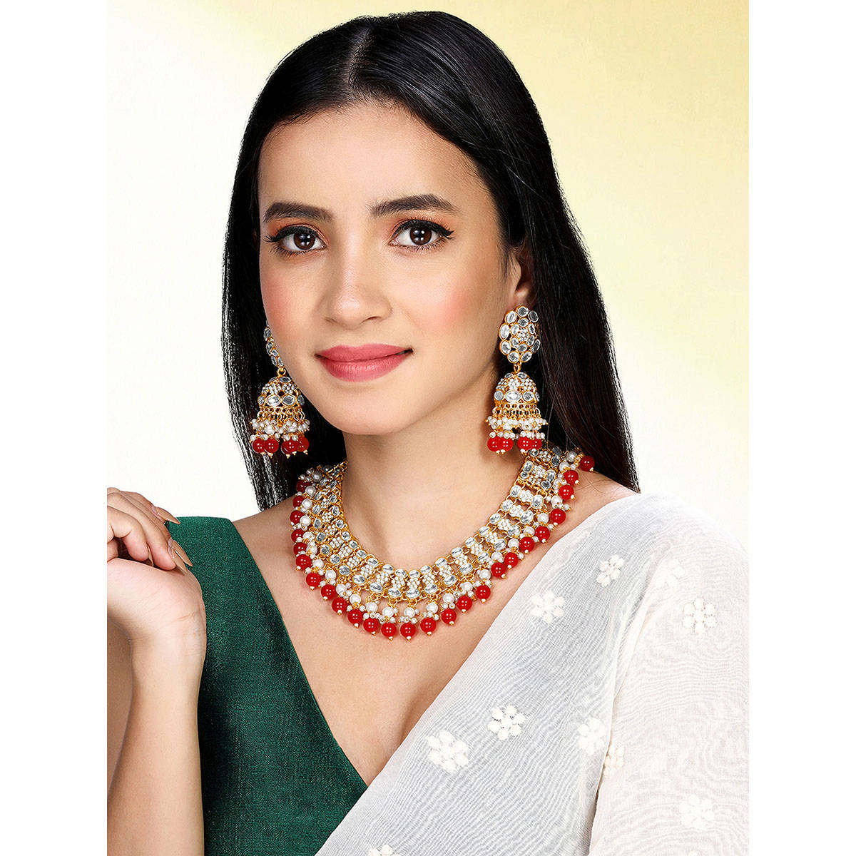 Peora Gold Plated Red Kundan and Beads Studded Jewellery Set