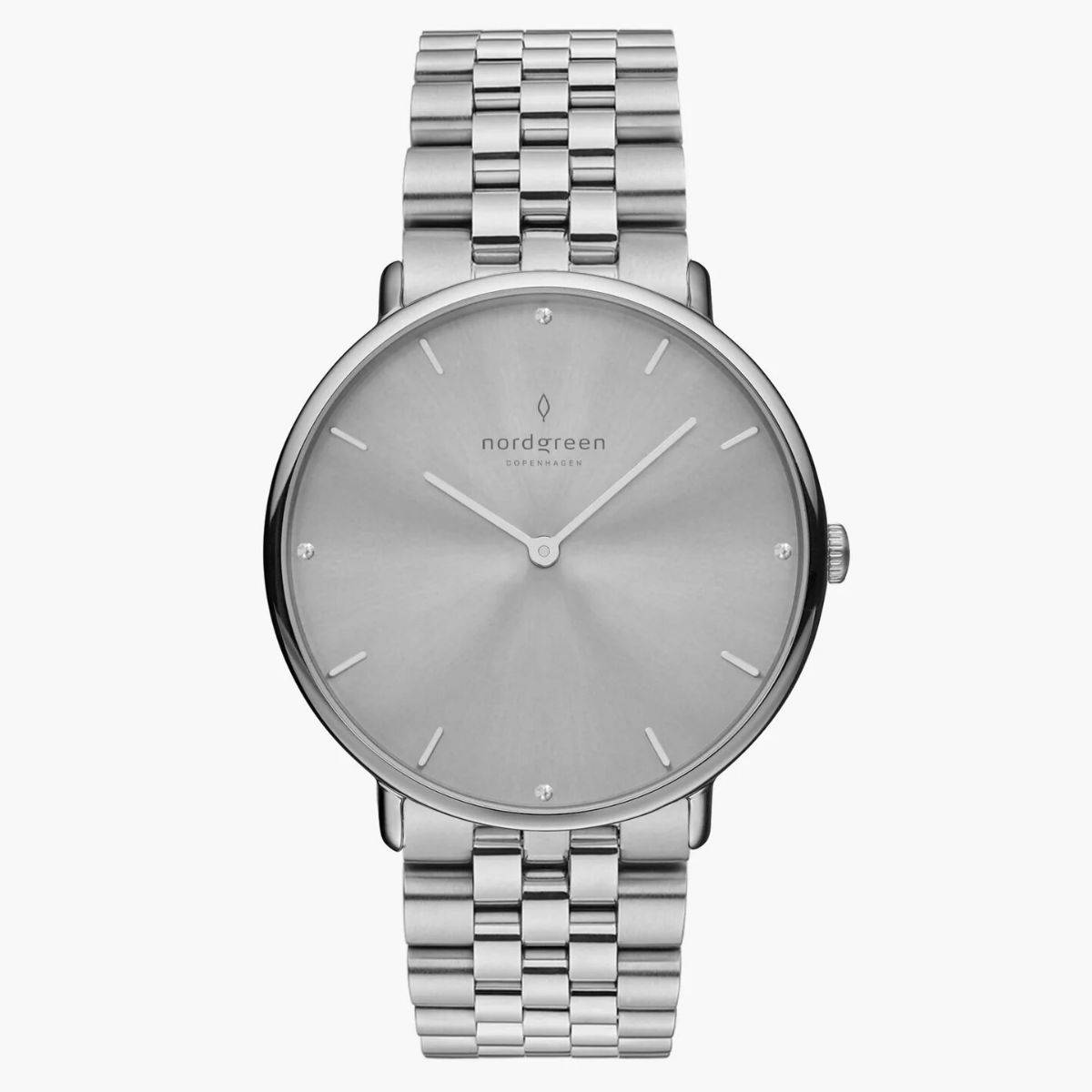 Nordgreen Native 32mm Silver Crystal Sunray Dial with 5 Link Silver Strap