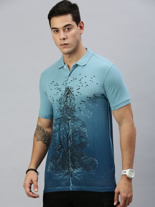 Huetrap Mens Short Sleeves Printed Vintage Indigo Polo T-Shirt