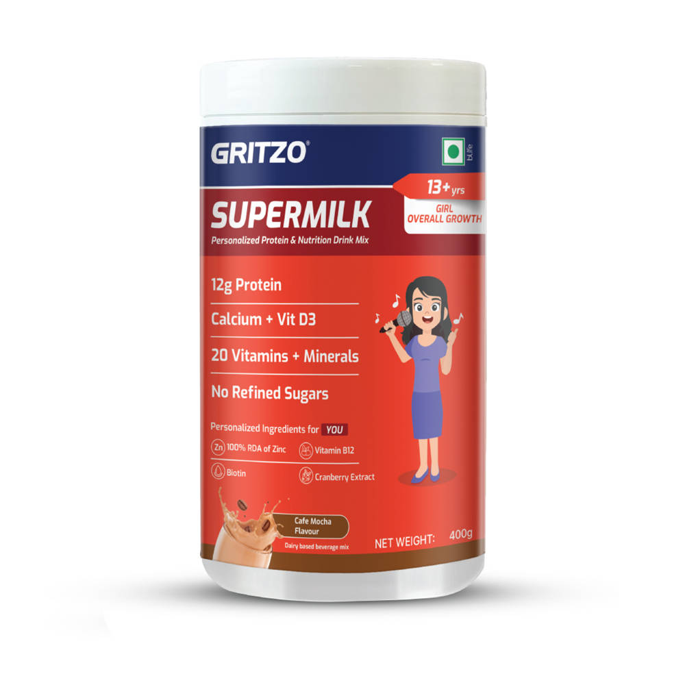 Gritzo Supermilk Overall Growth For 13+Y Girls With 12G Protein Powder - Cafe Mocha