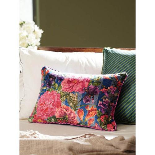 Pure Home Living Blue Floral Stripe Print Velvet Cushion Cover
