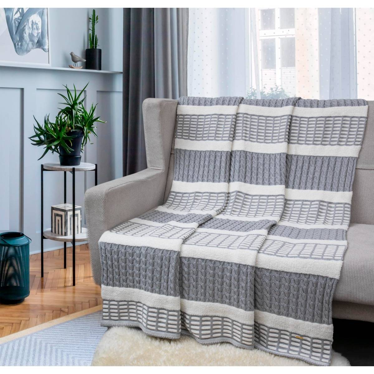 Pomme Grey Stripes 100% Organic Cotton Cable Texture Knitted Throw