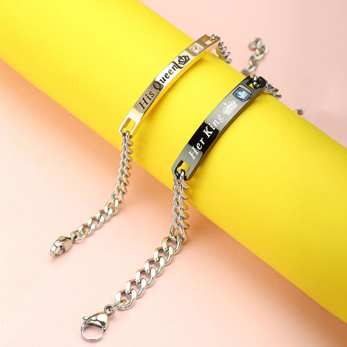 His & Hers Stainless Steel Matching Bracelets - King & Queen Couple Set With Rhinestones