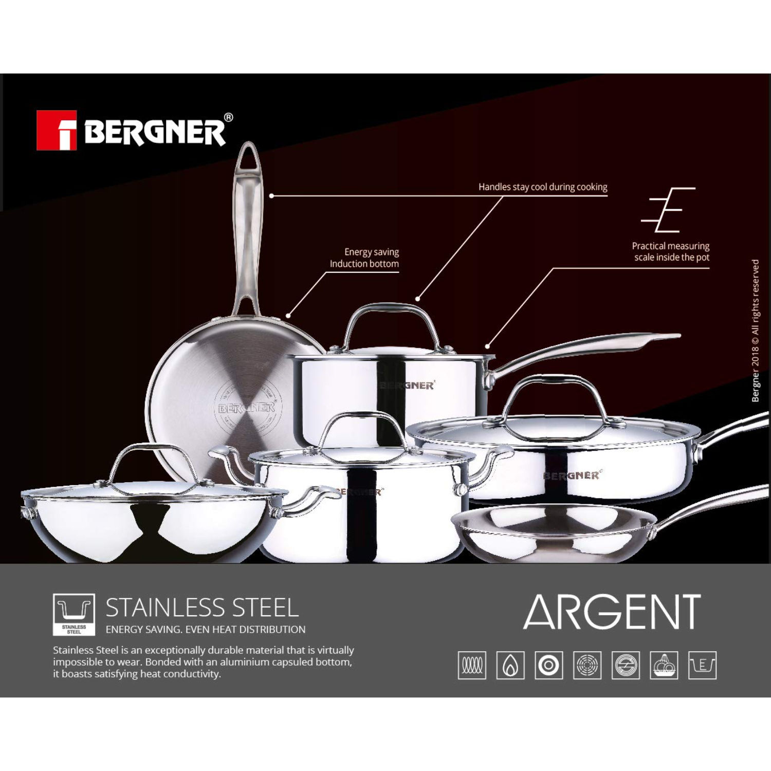 Bergner Argent Triply Stainless Steel Tasra With Lid, 28 Cm, Induction