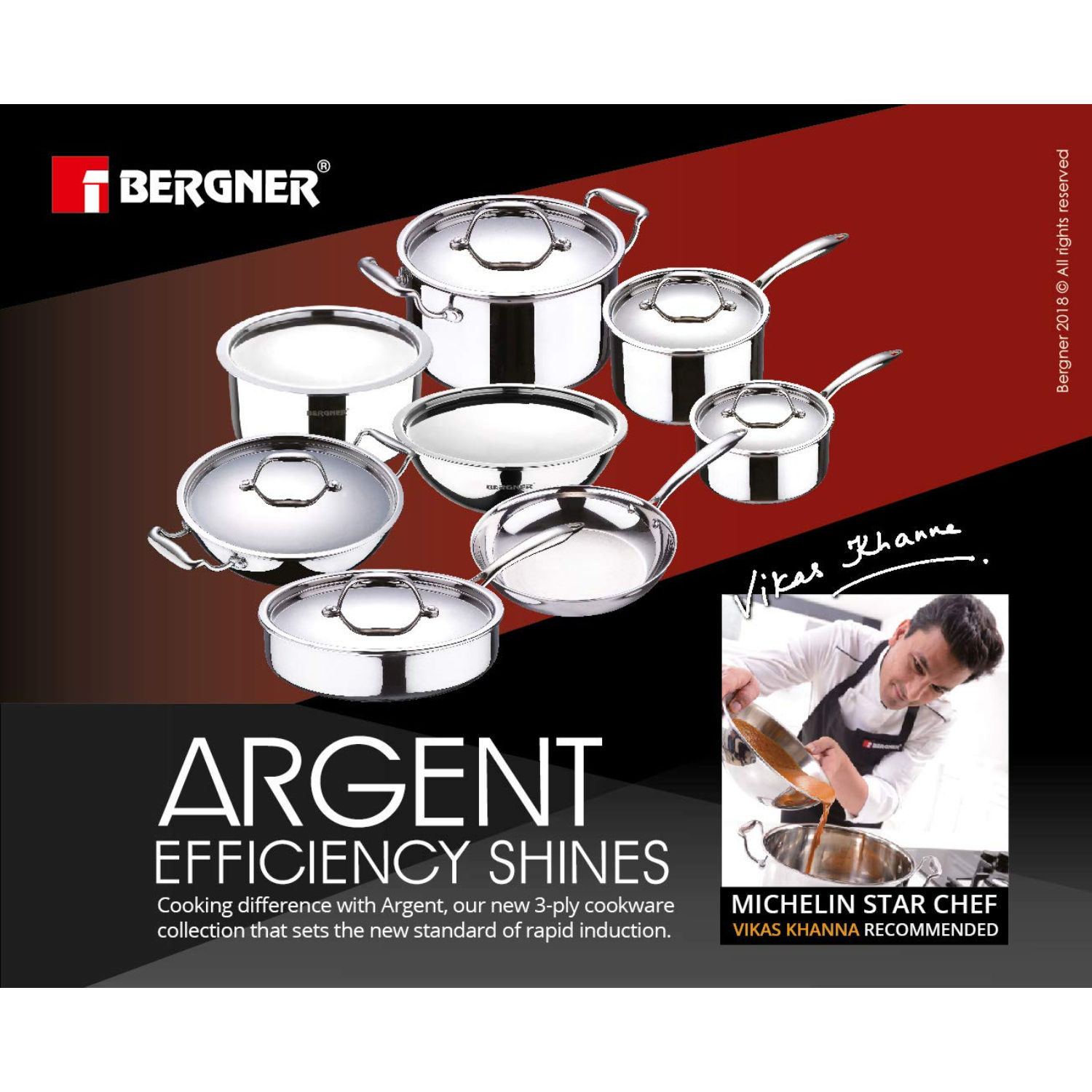 Bergner Argent Triply Stainless Steel Tasra With Lid, 28 Cm, Induction