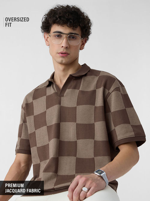 The Souled Store Jacquard Old School Brown Men Oversized Polo T-Shirt