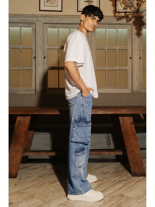 FREAKINS Men's Blue Patch Seam Cargo Style Jeans